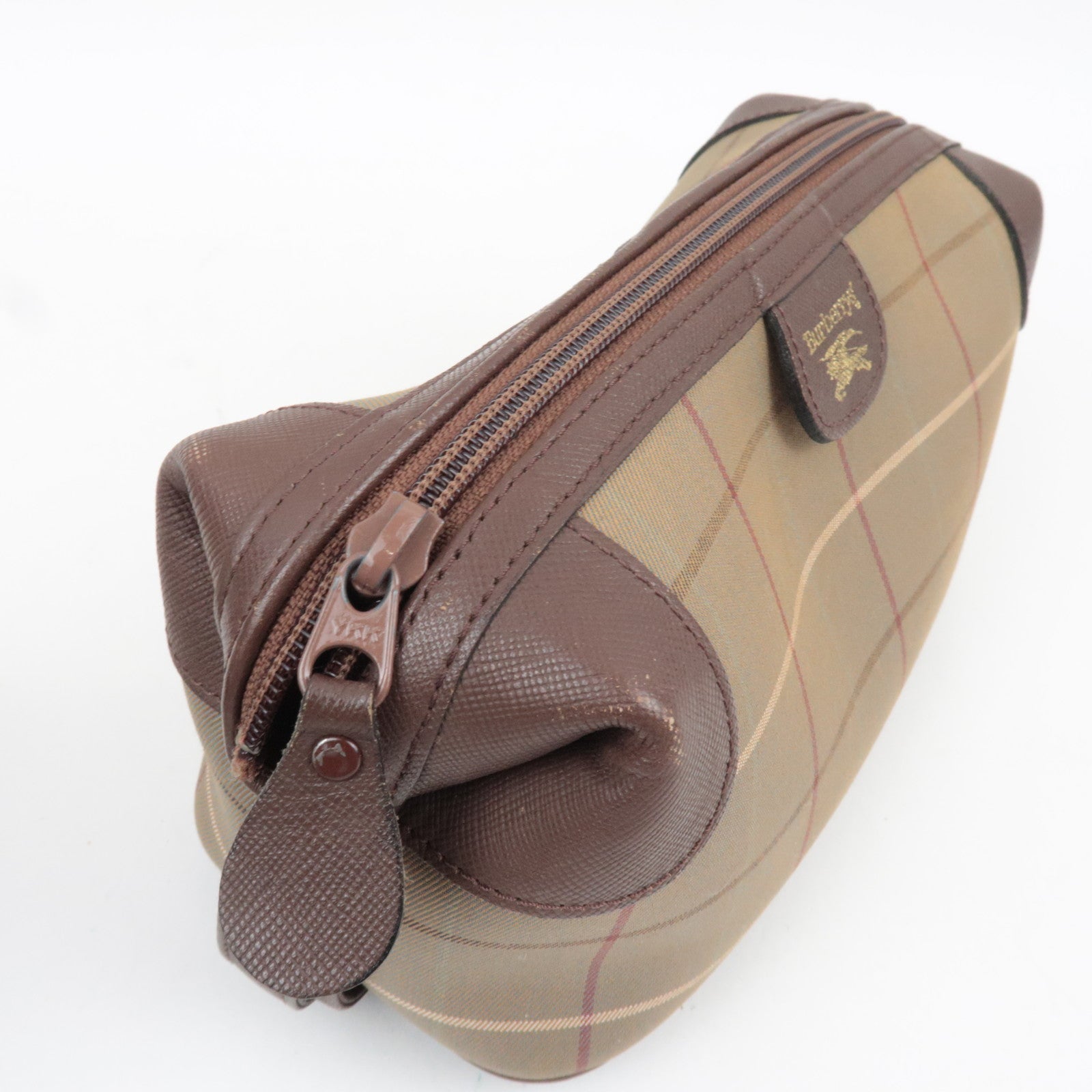 BURBERRY burberrys Nova Plaid Canvas Leather Cosmetic Pouch Beige Brown