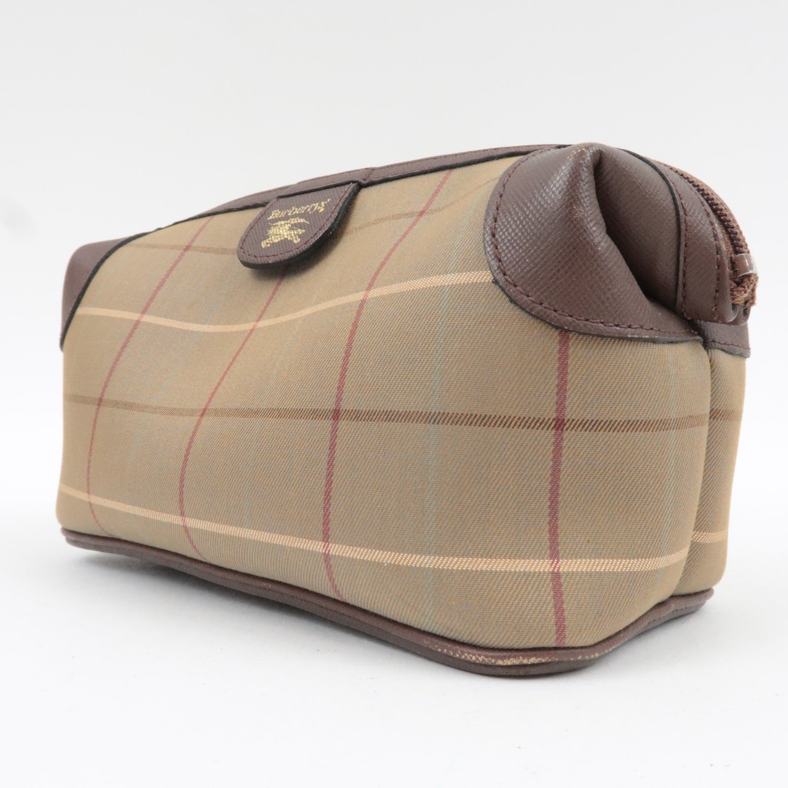 BURBERRY burberrys Nova Plaid Canvas Leather Cosmetic Pouch Beige Brown