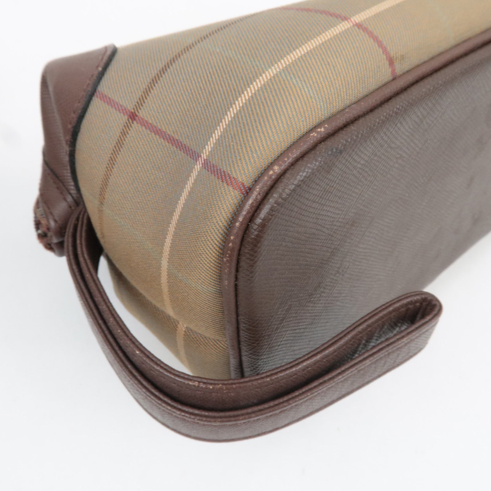 BURBERRY burberrys Nova Plaid Canvas Leather Cosmetic Pouch Beige Brown