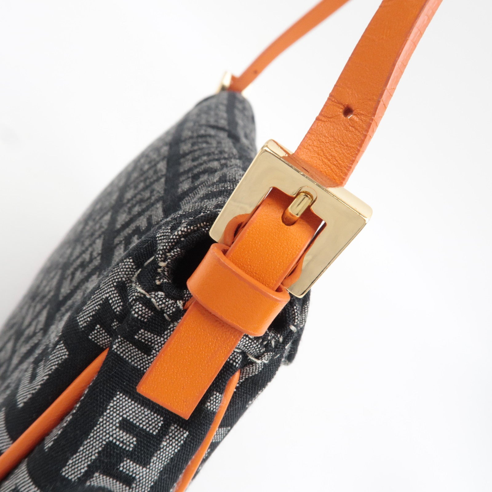 FENDI Zucchino Canvas Leather Shoulder Bag Black Orange 8BR145