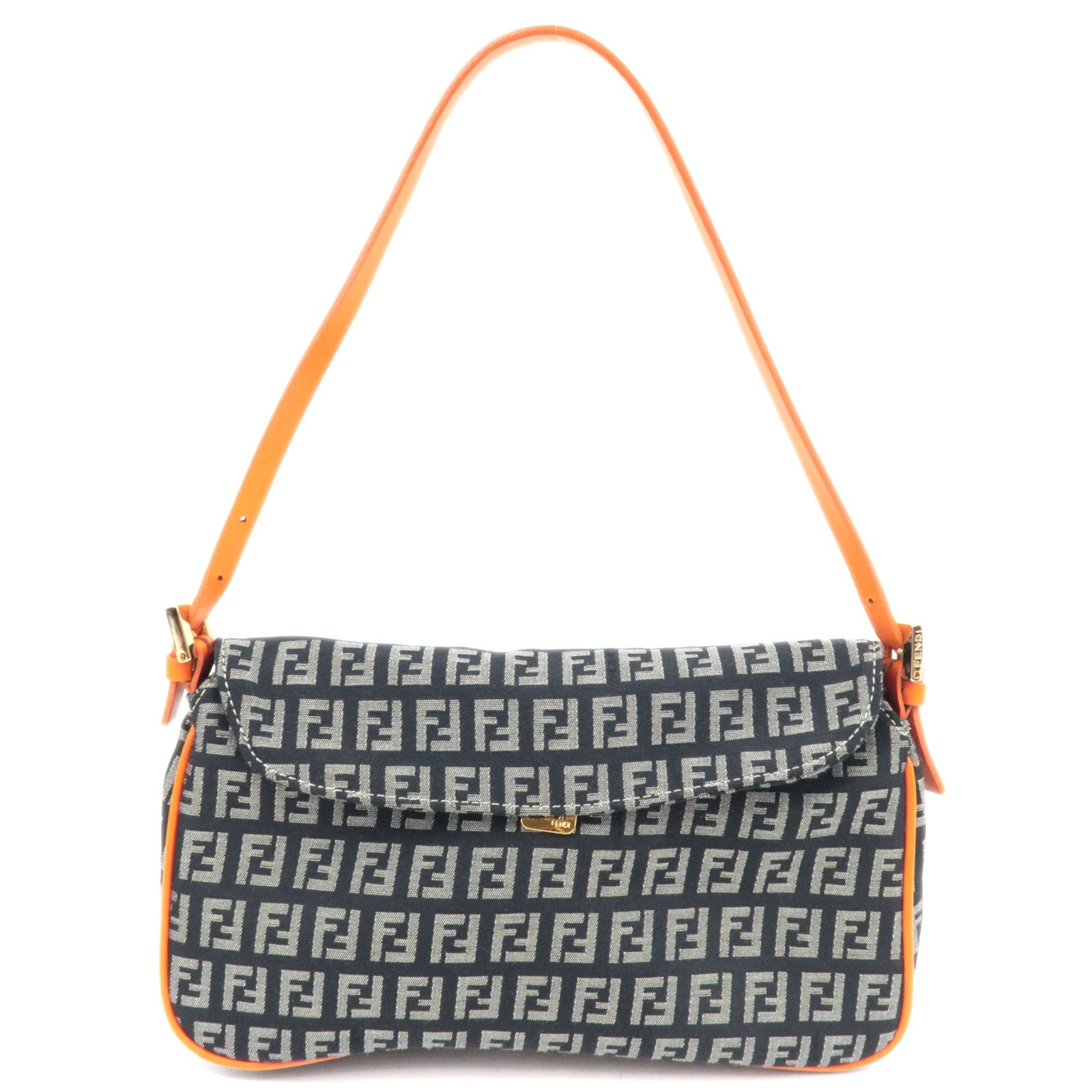 FENDI Zucchino Canvas Leather Shoulder Bag Black Orange 8BR14584176