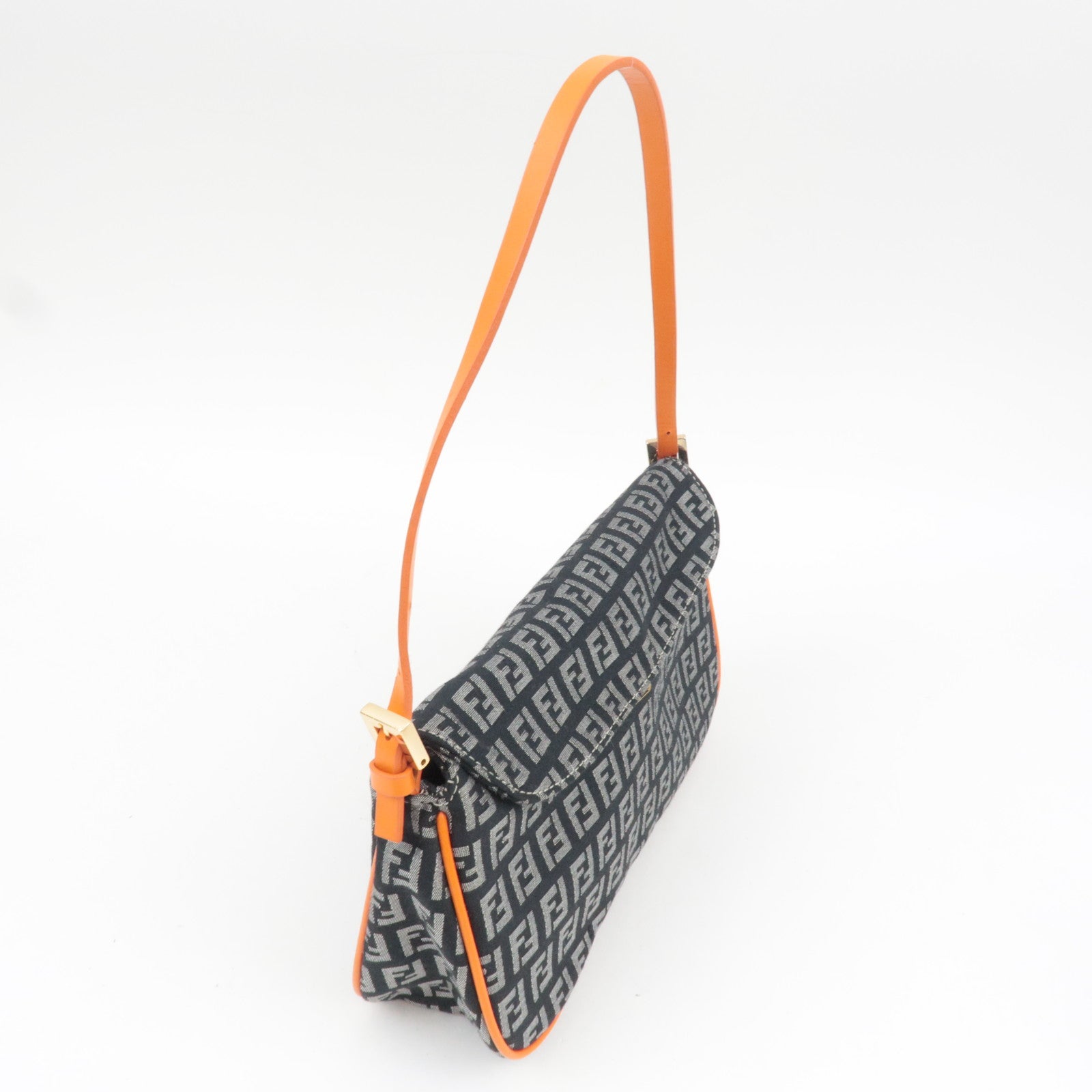 FENDI Zucchino Canvas Leather Shoulder Bag Black Orange 8BR145