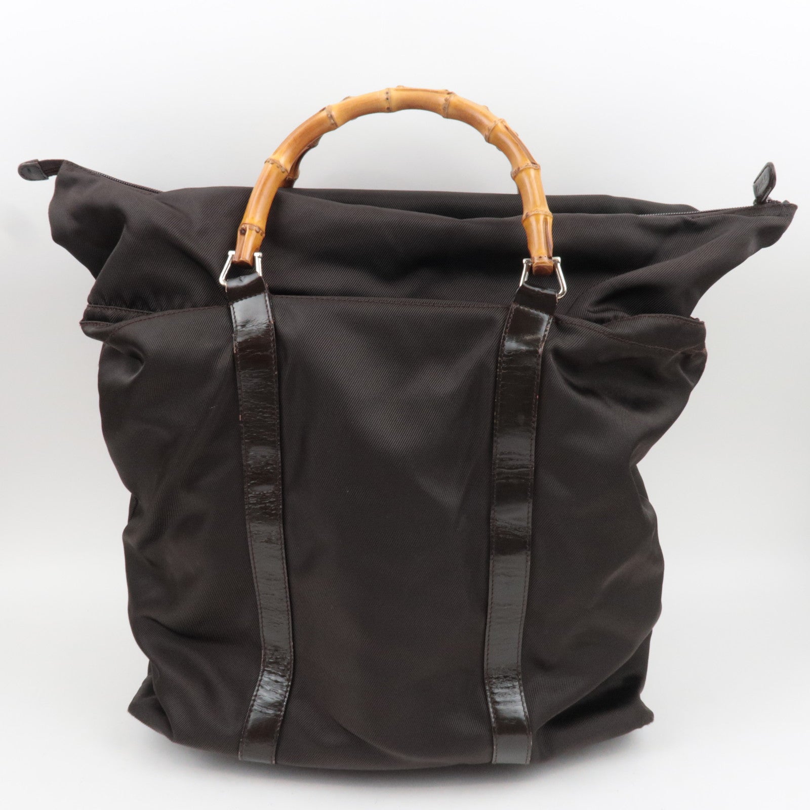 GUCCI Bamboo Nylon Canvas Patent Handbag Brown 002.2854.0412.5