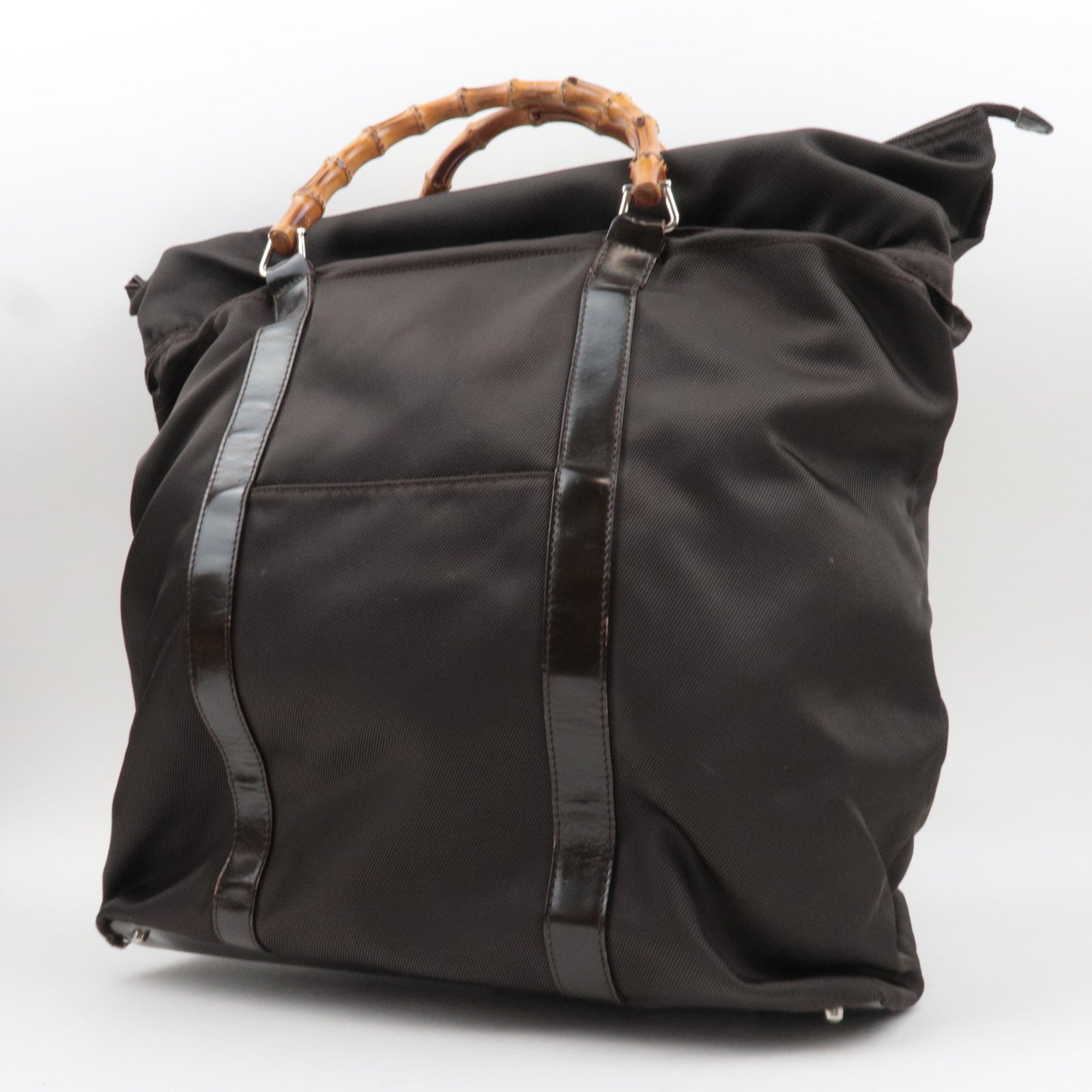 GUCCI Bamboo Nylon Canvas Patent Handbag Brown 002.2854.0412.5