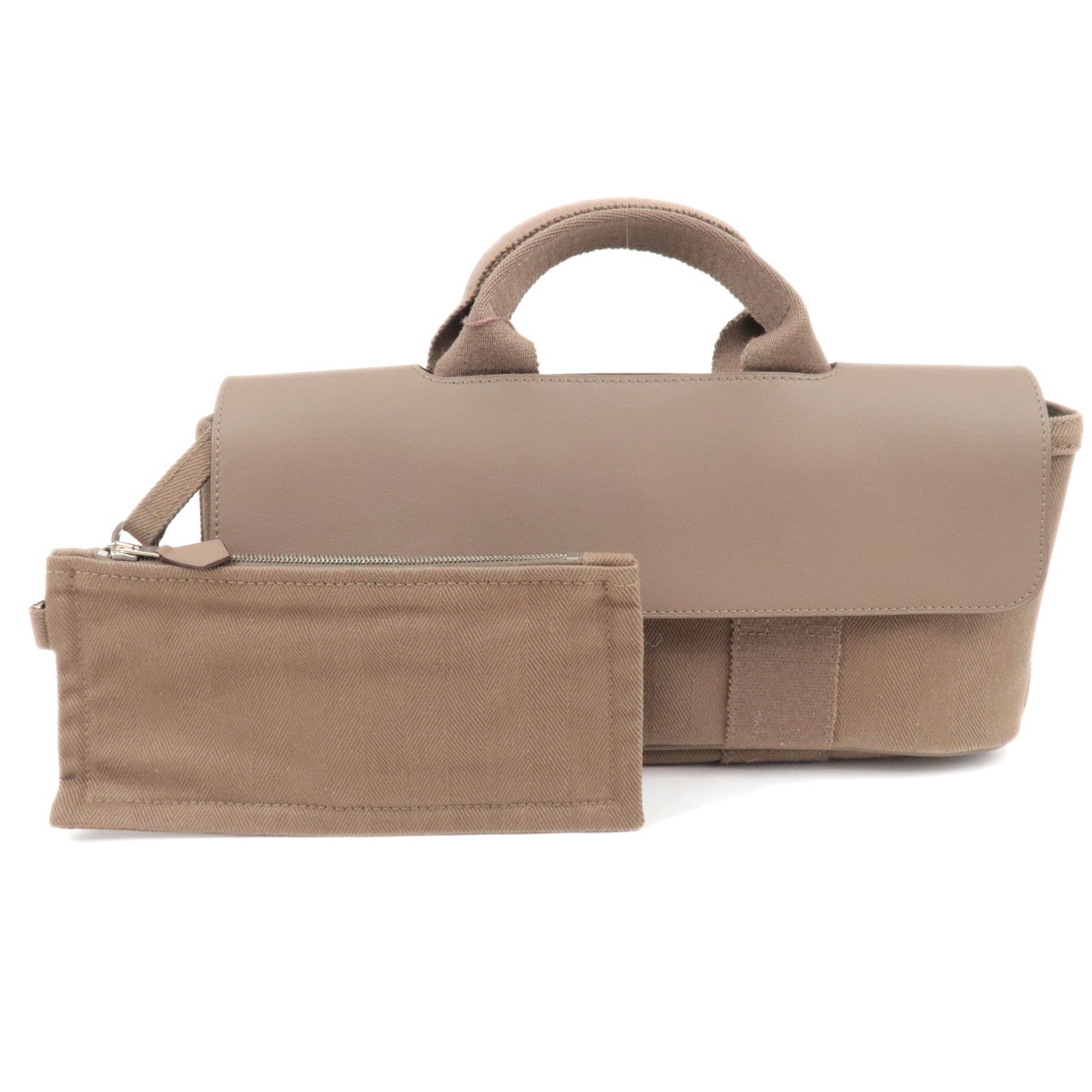 HERMES Valparaiso Long PM Toile Chevron Leather Handbag □J Stamp (2006) Etoupe *Dust bag, Pouch84209