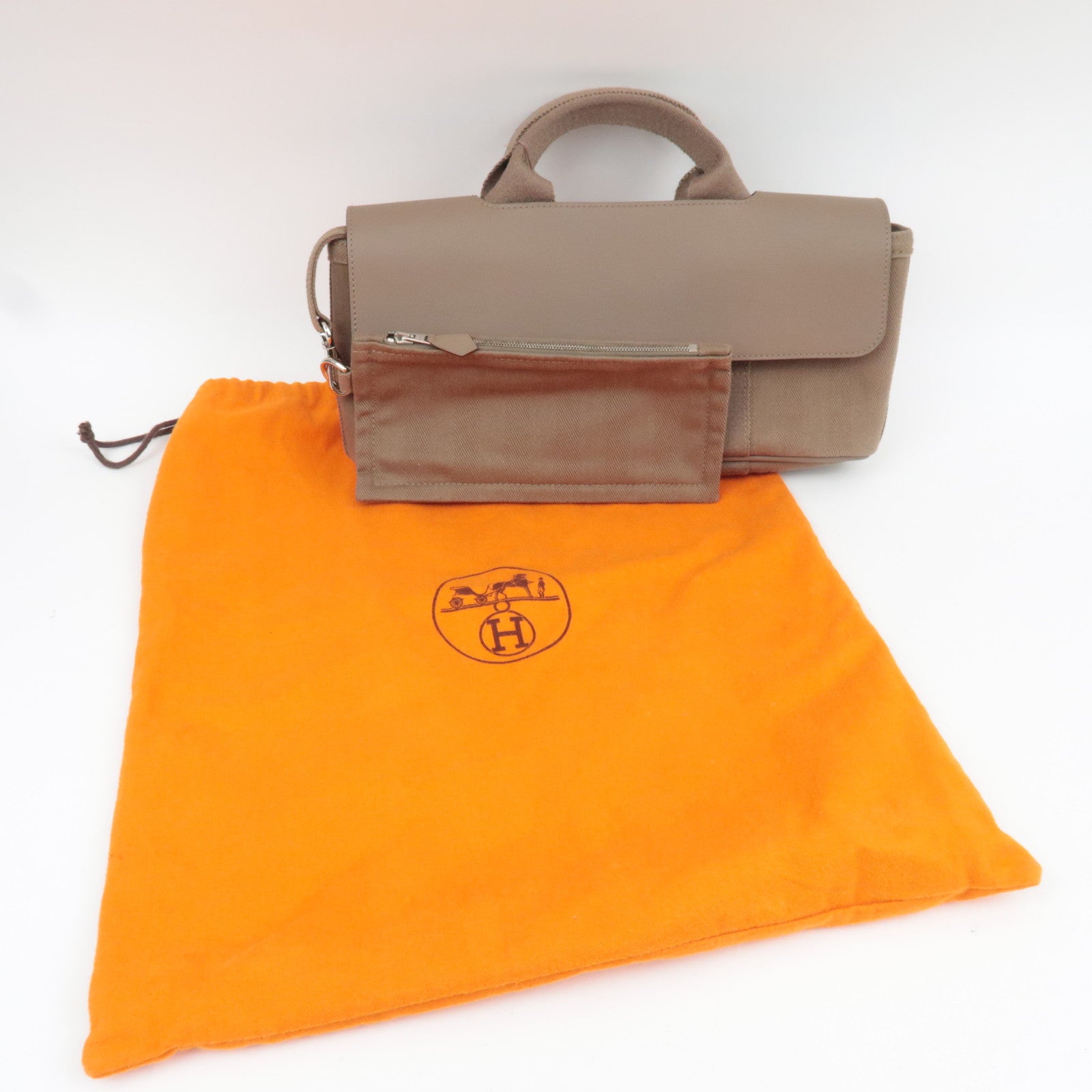 HERMES Valparaiso Long PM Toile Chevron Leather Handbag □J Stamp (2006) Etoupe *Dust bag, Pouch