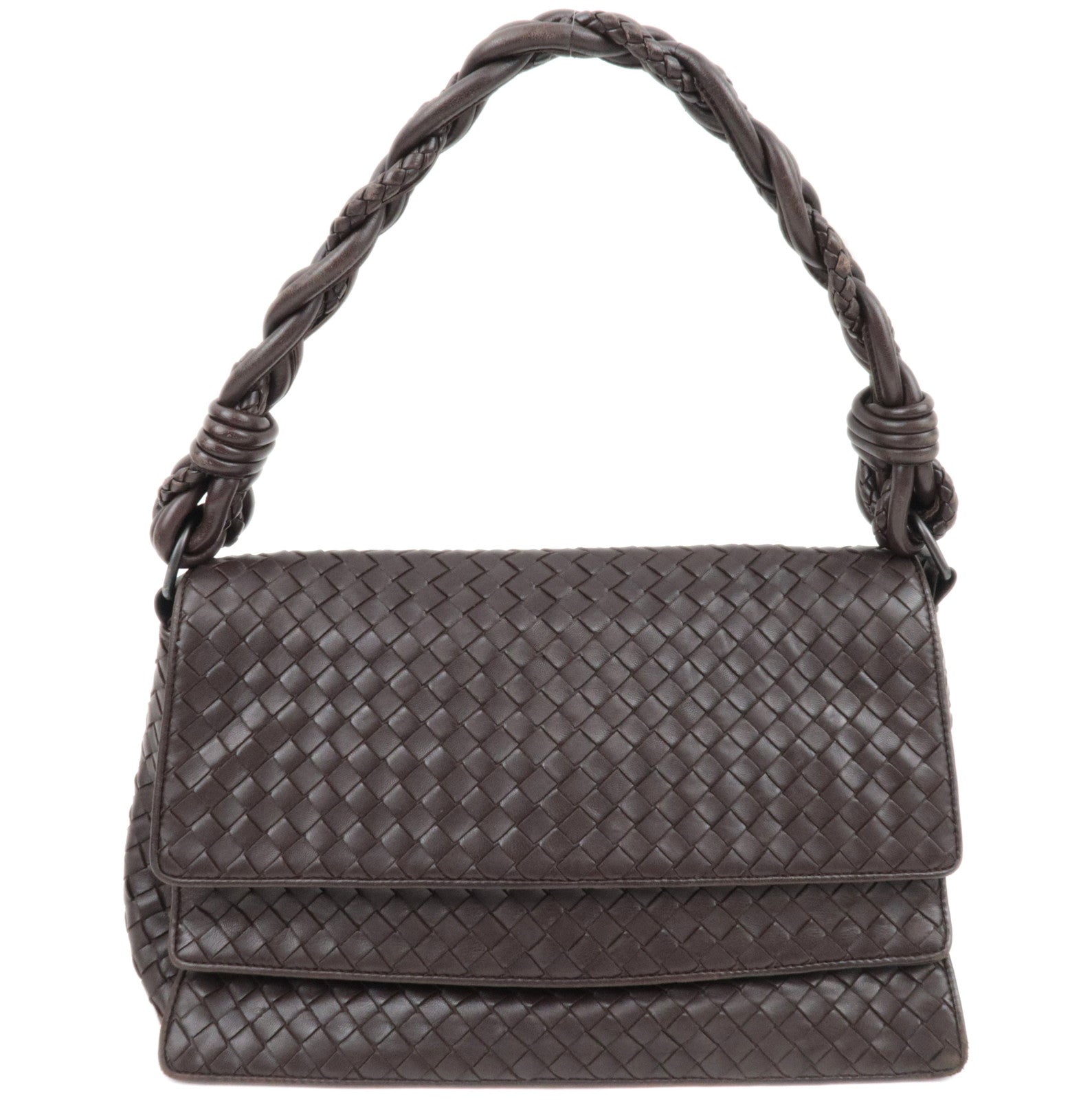 BOTTEGA VENETA Intrecciato Flap Leather Shoulder Bag Brown 14519584217