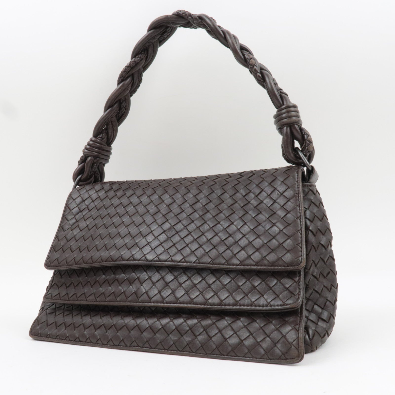 BOTTEGA VENETA Intrecciato Flap Leather Shoulder Bag Brown 145195