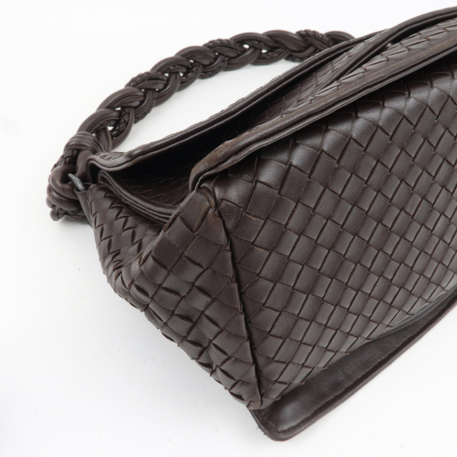 BOTTEGA VENETA Intrecciato Flap Leather Shoulder Bag Brown 145195