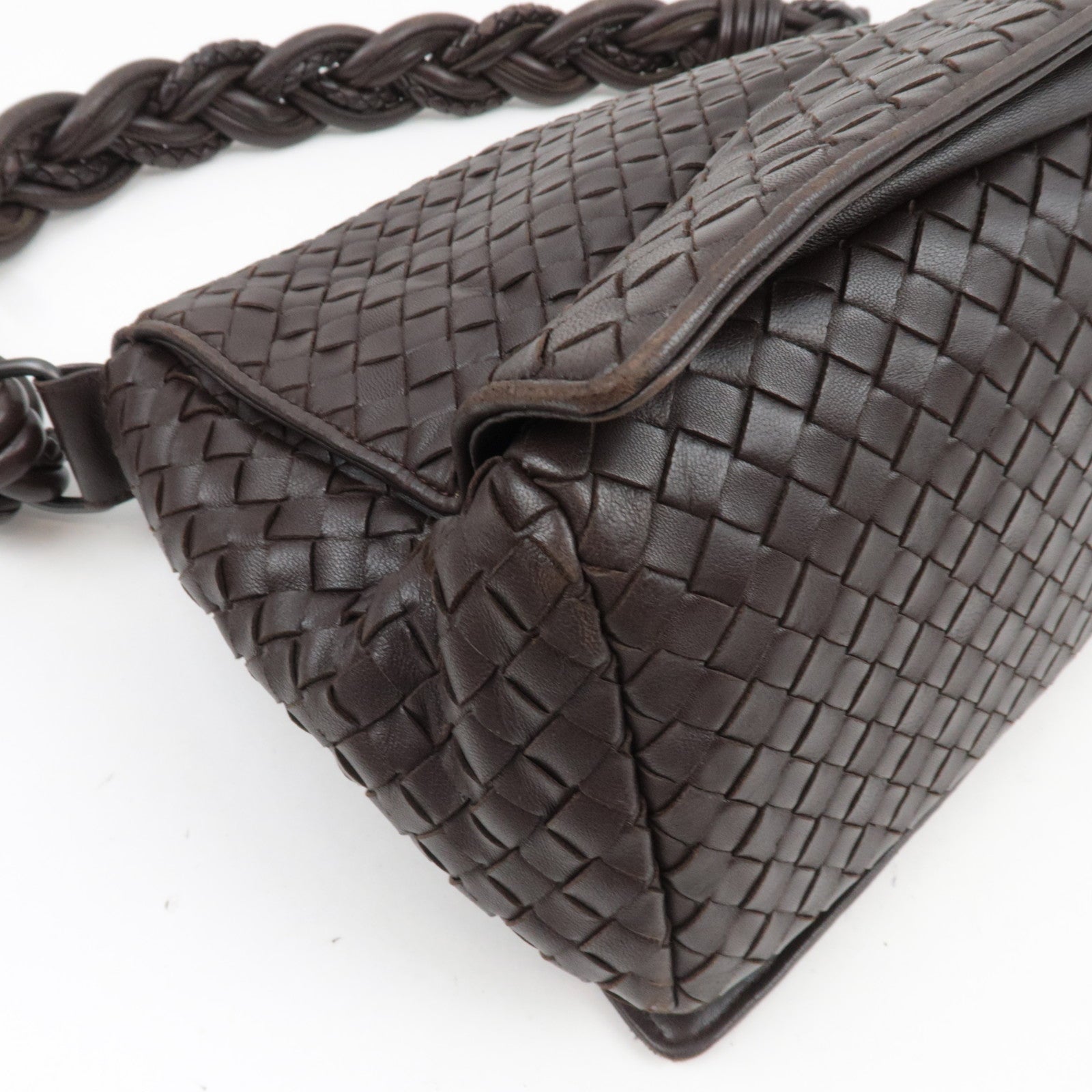 BOTTEGA VENETA Intrecciato Flap Leather Shoulder Bag Brown 145195