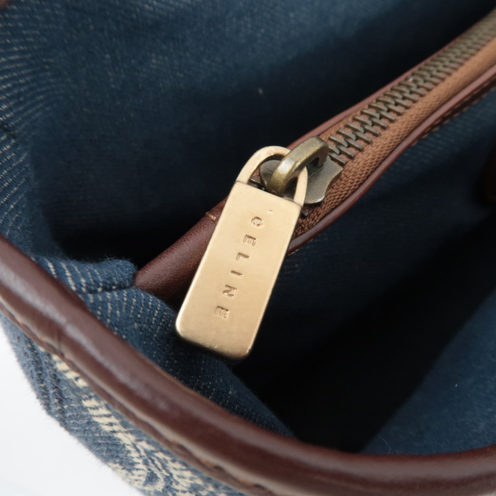 CELINE Paris Macadam Boogie Bag Denim Leather Handbag Navy Brown