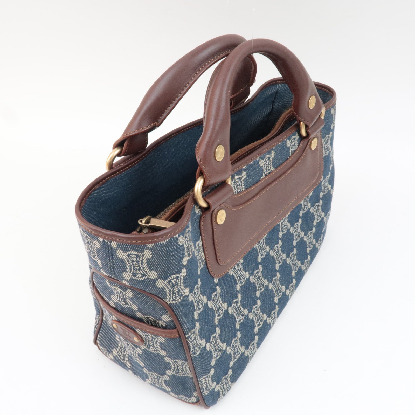 CELINE Paris Macadam Boogie Bag Denim Leather Handbag Navy Brown