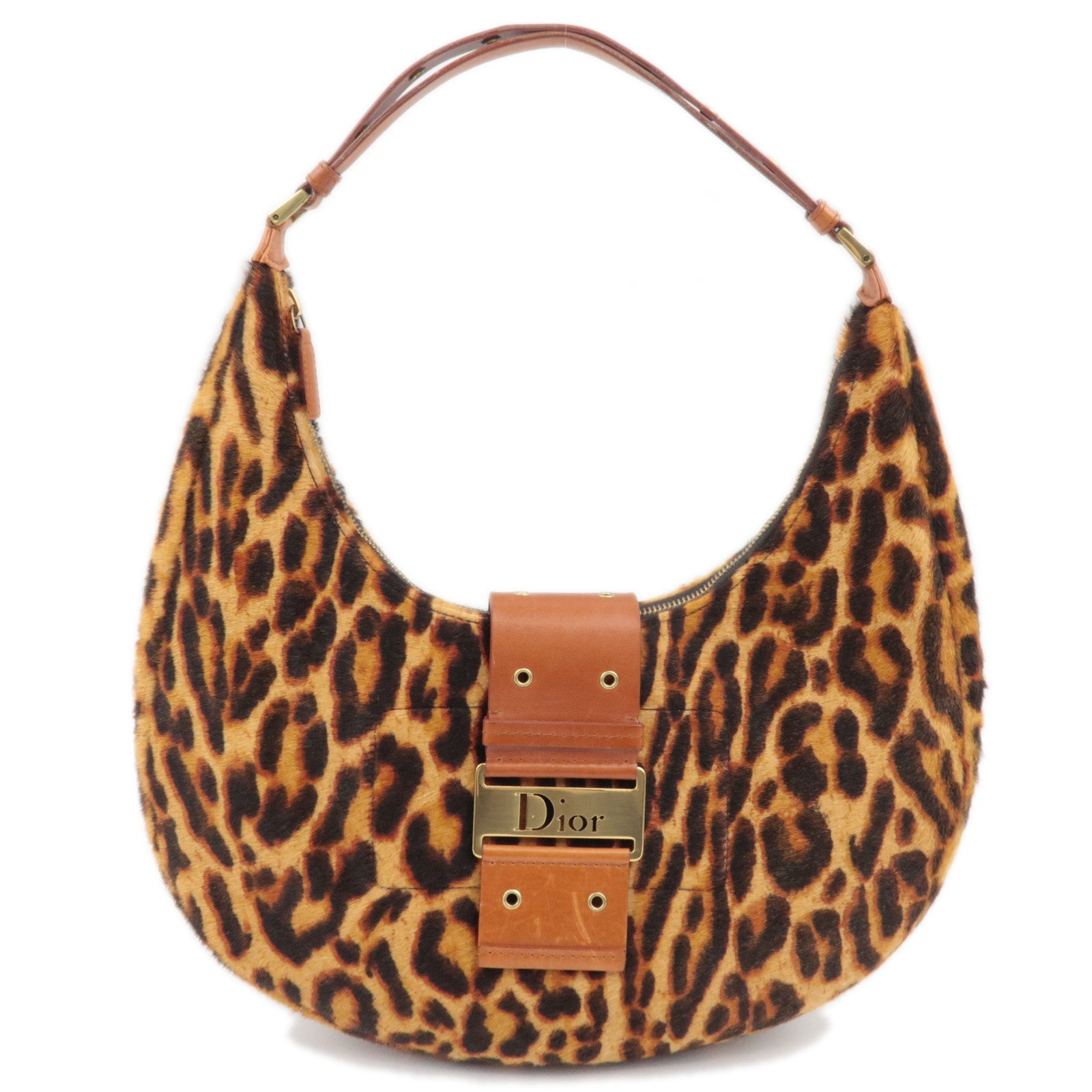 Christian Dior Pony Hoir Leopard Street Chic Shoulder Bag Leather Brown84354