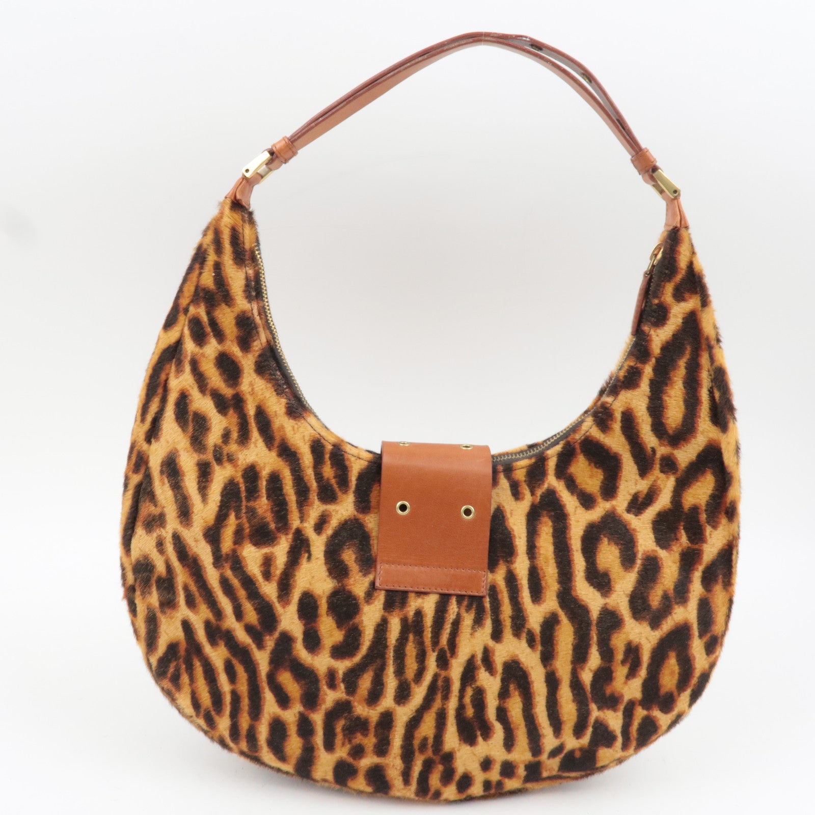 Christian Dior Pony Hoir Leopard Street Chic Shoulder Bag Leather Brown