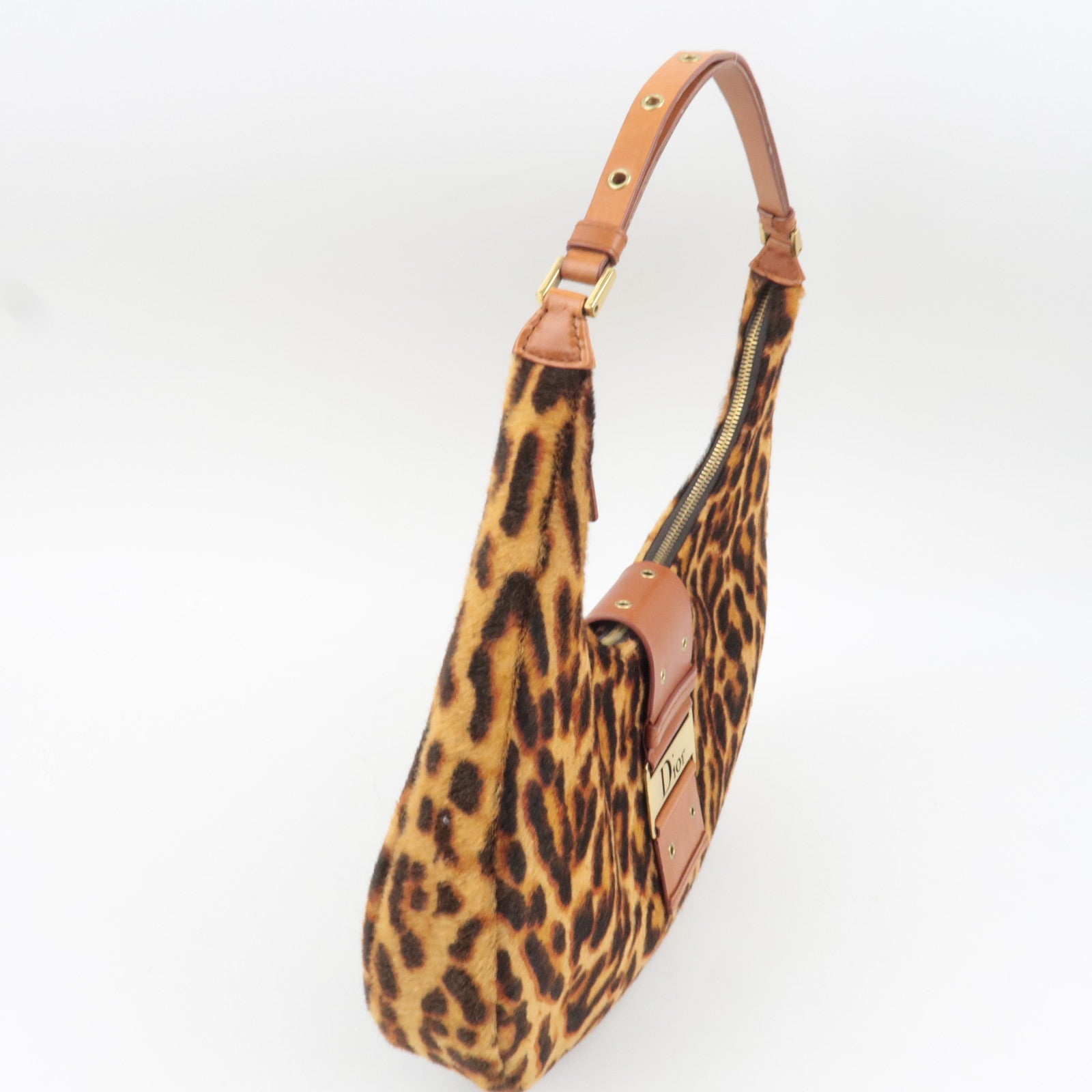 Christian Dior Pony Hoir Leopard Street Chic Shoulder Bag Leather Brown