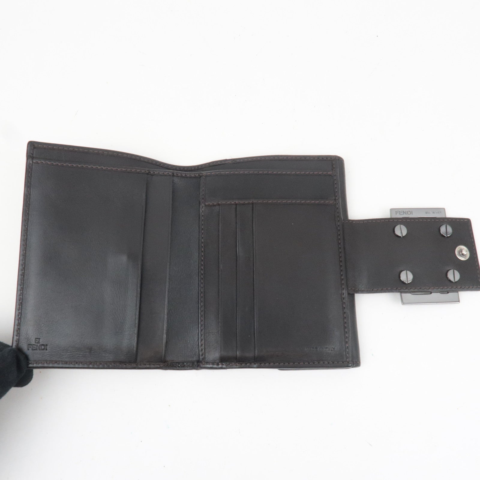 FENDI Zucchino Canvas Leather Double Hook Wallet Brown Beige 8M0035