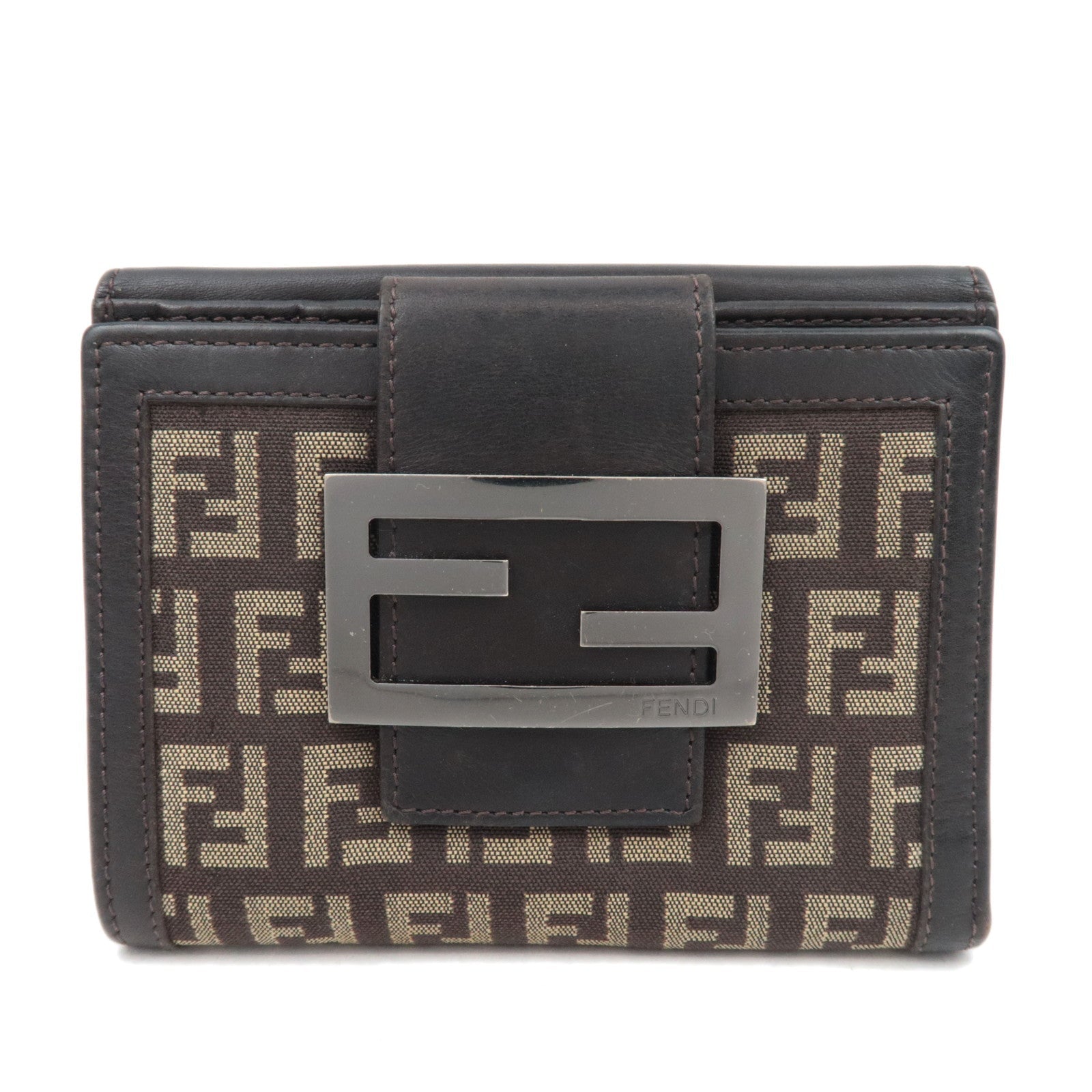 FENDI Zucchino Canvas Leather Double Hook Wallet Brown Beige 8M003584387