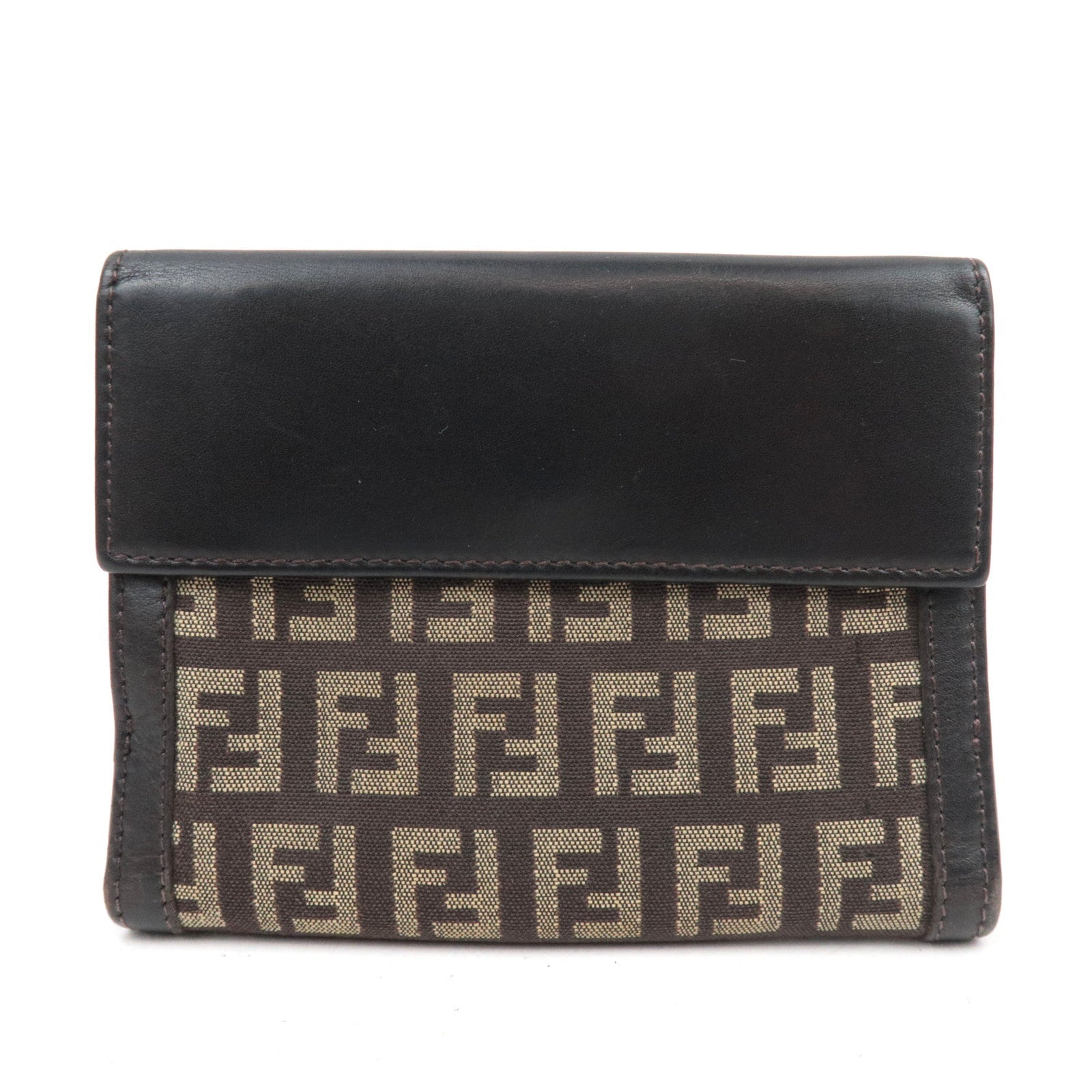 FENDI Zucchino Canvas Leather Double Hook Wallet Brown Beige 8M0035