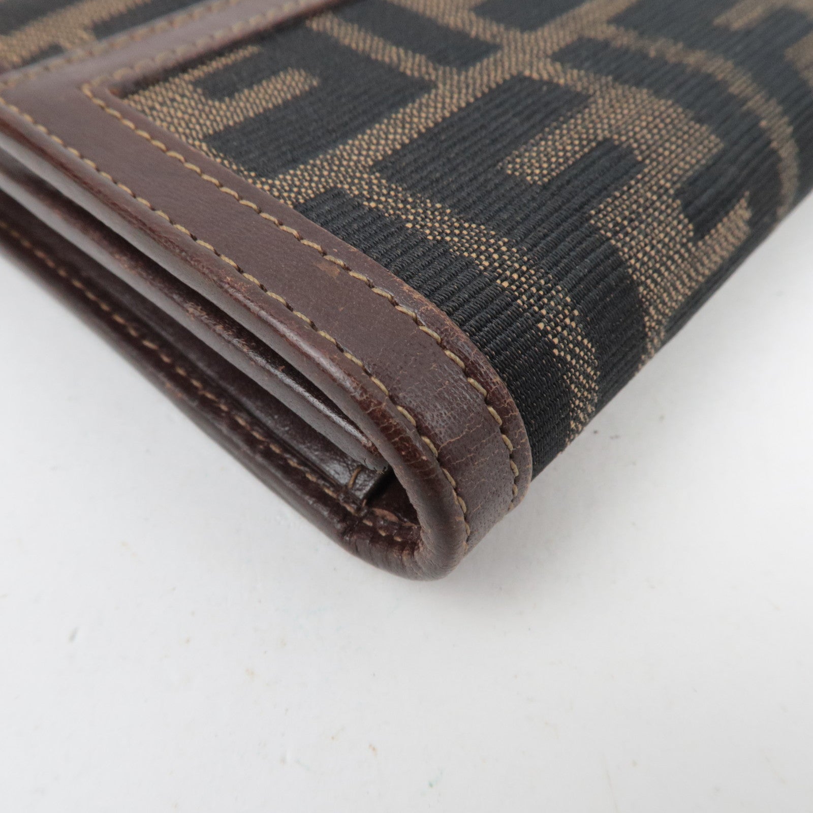 FENDI Zucca Canvas Leather Tri-Fold Wallet Brown Black 30858