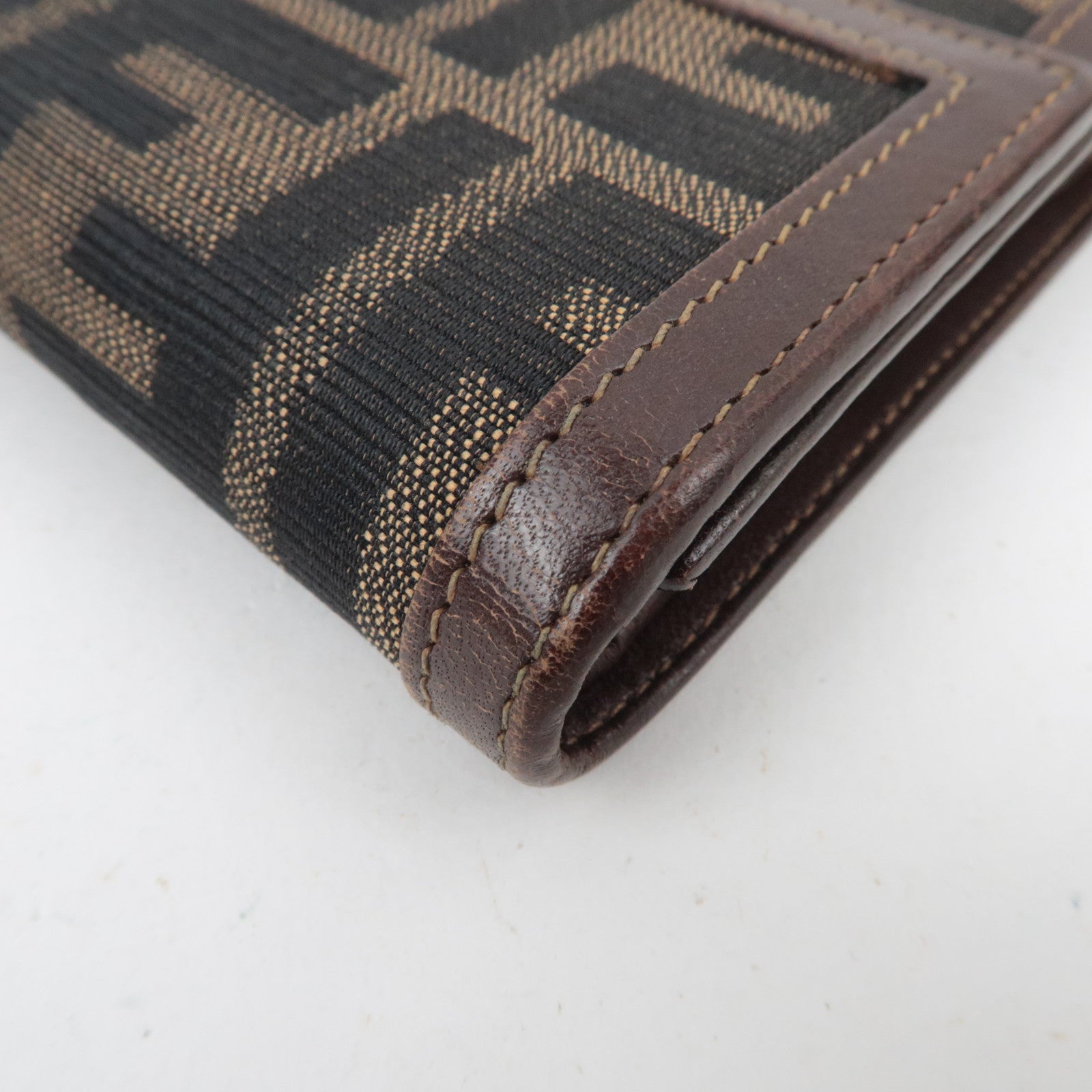 FENDI Zucca Canvas Leather Tri-Fold Wallet Brown Black 30858