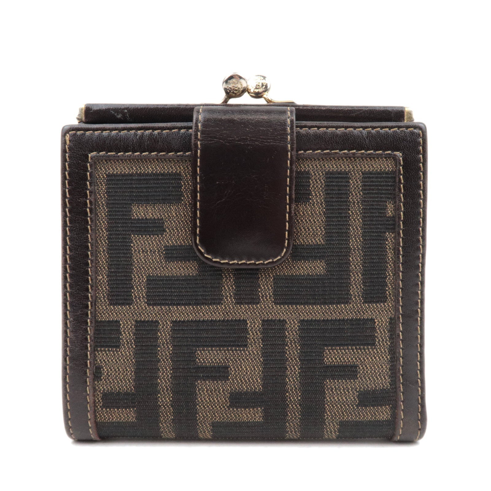 FENDI Zucca Kiss Lock Canvas Leather Bifold Wallet Brown Black 30782 84397