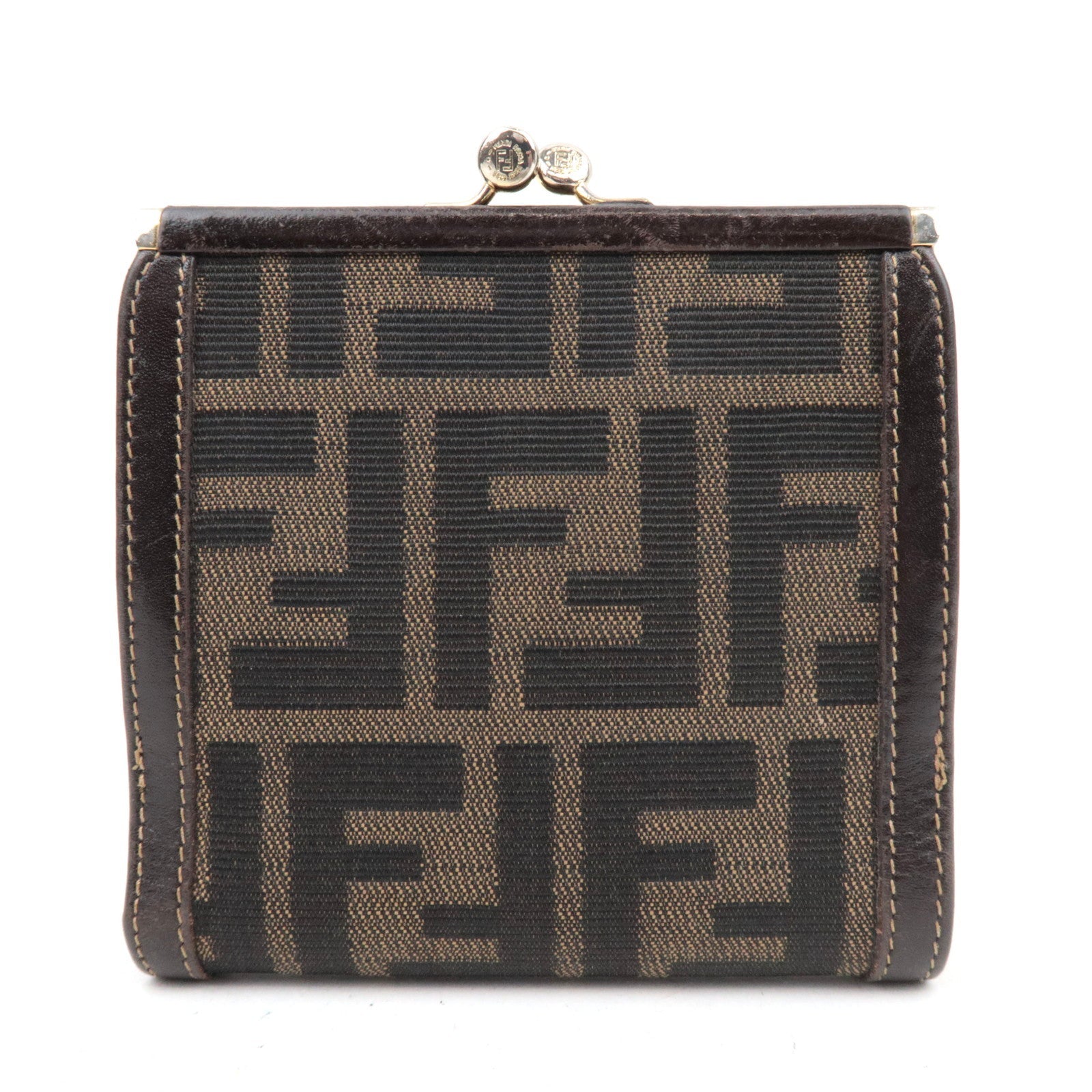 FENDI Zucca Kiss Lock Canvas Leather Bifold Wallet Brown Black 30782