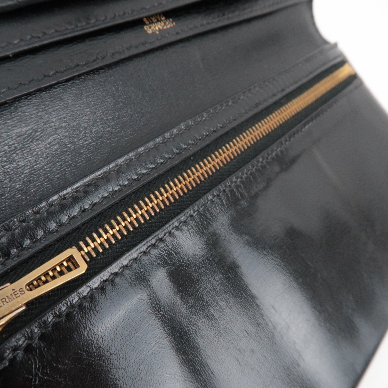 HERMES Bearn Long Wallet E Stamp (2001) Box Calf Black Gold HDW
