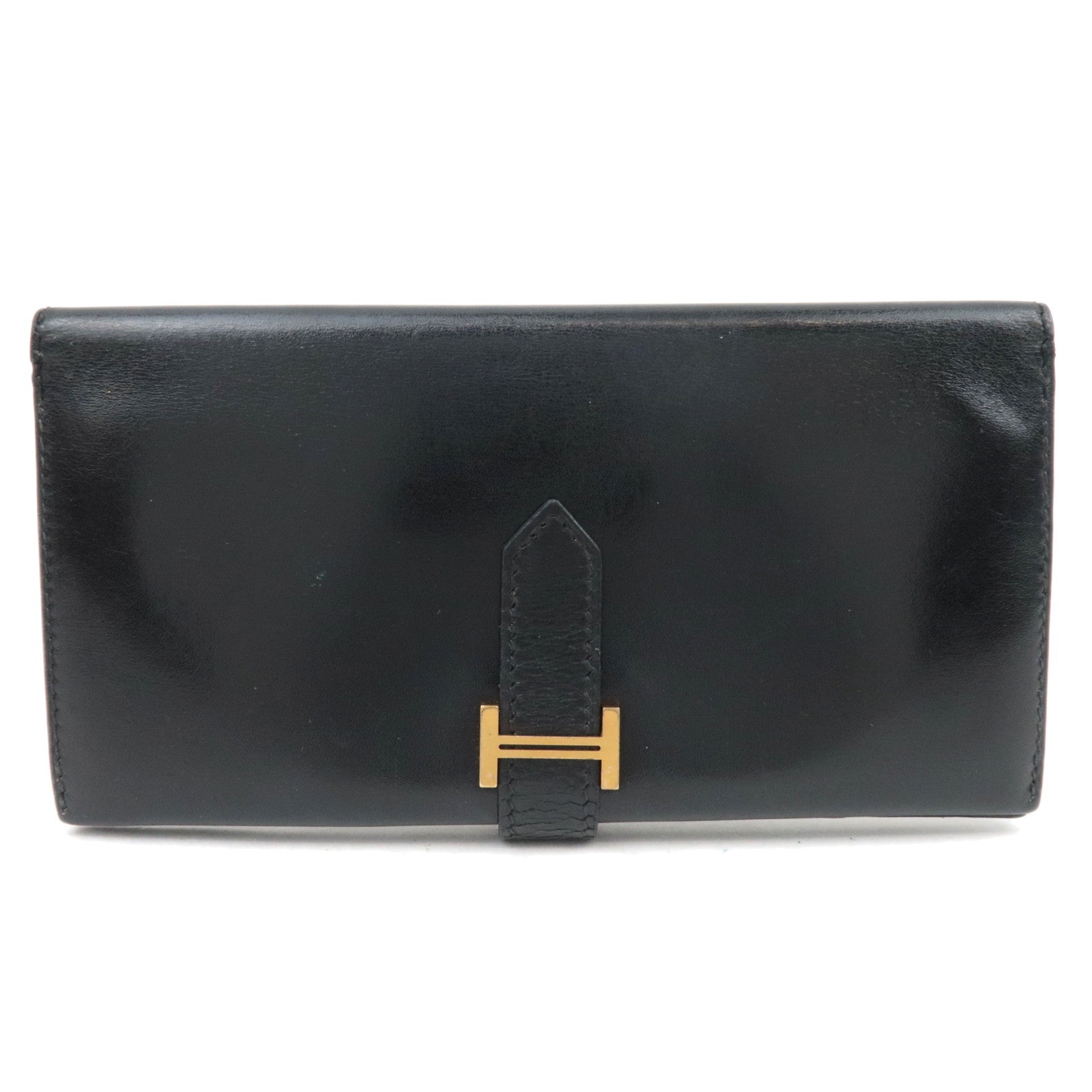 HERMES Bearn Long Wallet E Stamp (2001) Box Calf Black Gold HDW84407