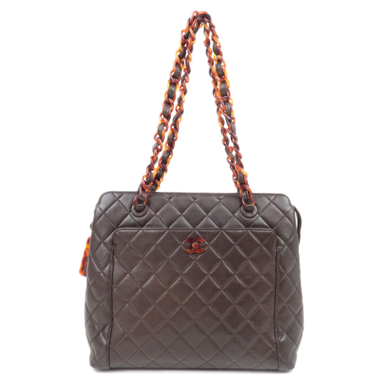 CHANEL Matelasse Tortoiseshell Plastic Chain Lambskin Tote Bag Brown 505622684429