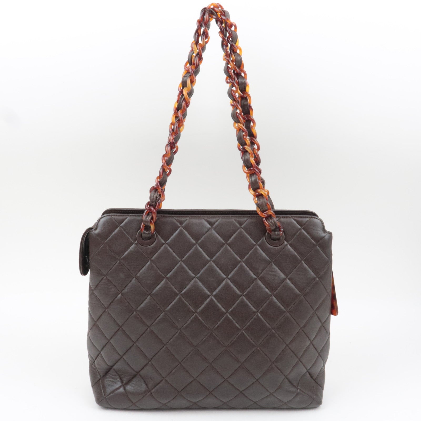 CHANEL Matelasse Tortoiseshell Plastic Chain Lambskin Tote Bag Brown 5056226
