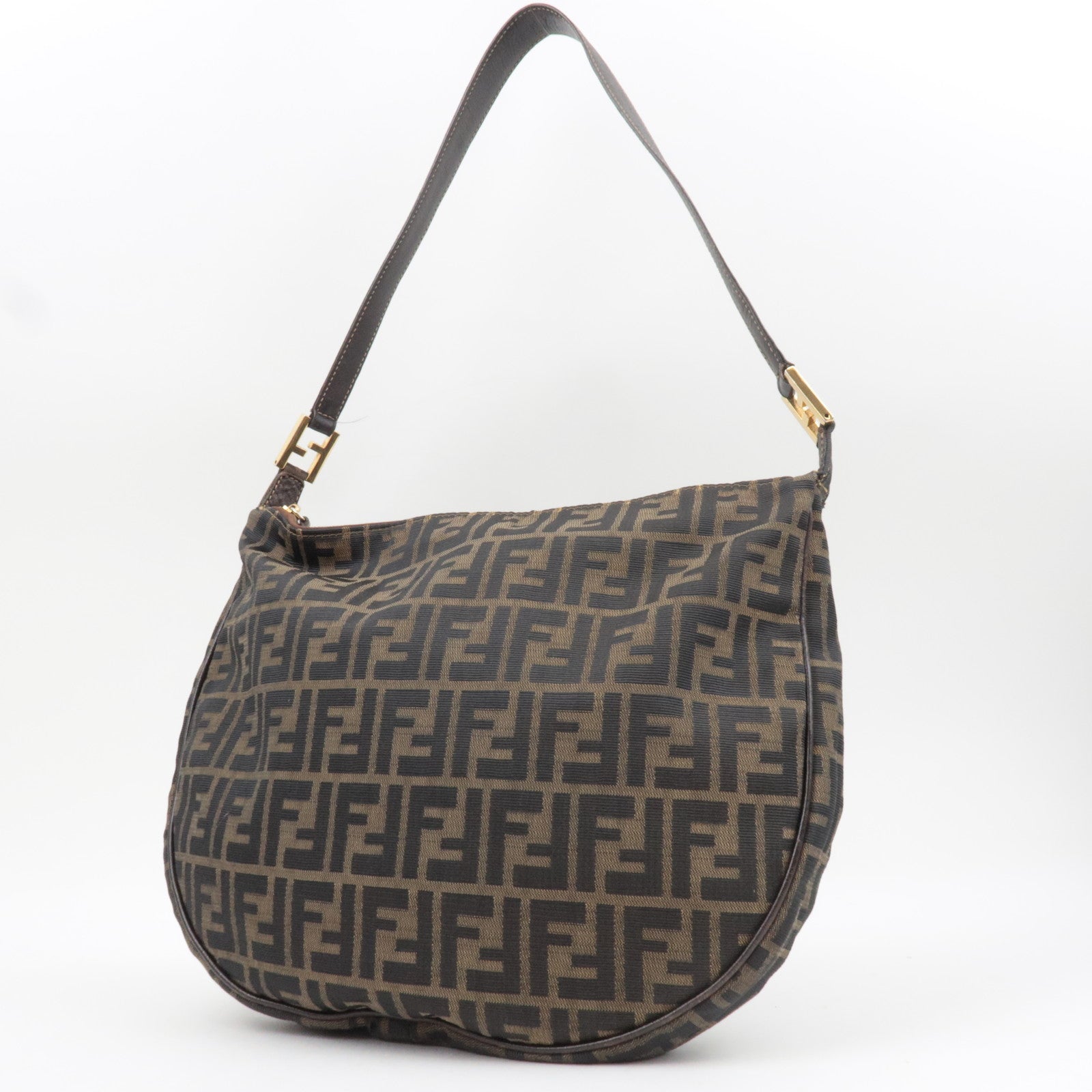 FENDI Zucca Canvas Leather Shoulder Bag Khaki Brown Black