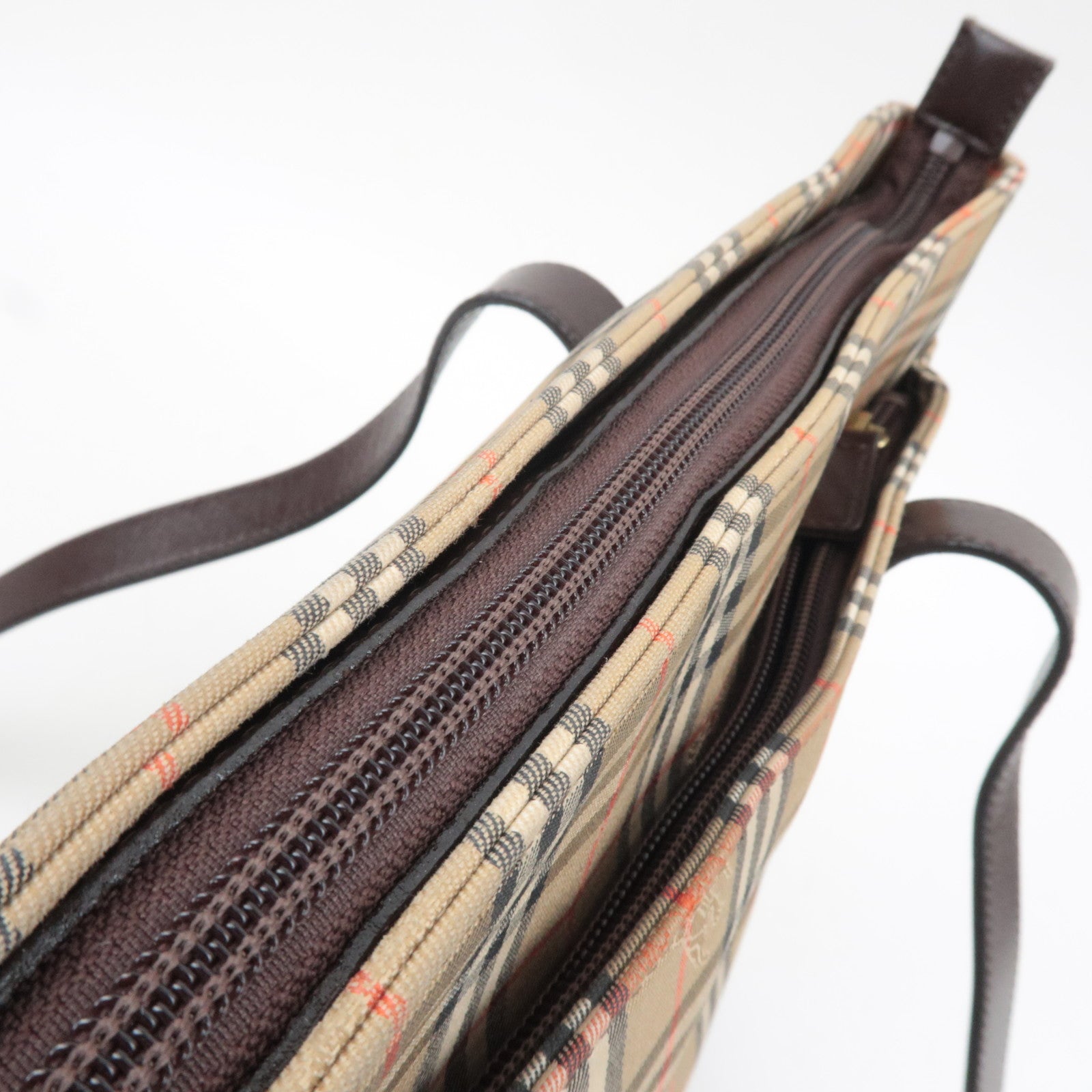 BURBERRY Nova Plaid Canvas Leather Tote Bag Beige Brown