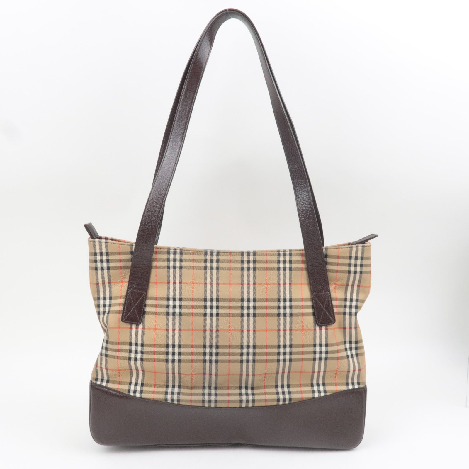 BURBERRY Nova Plaid Canvas Leather Tote Bag Beige Brown
