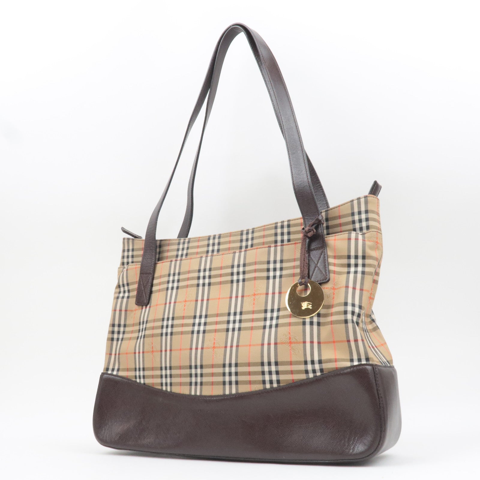 BURBERRY Nova Plaid Canvas Leather Tote Bag Beige Brown