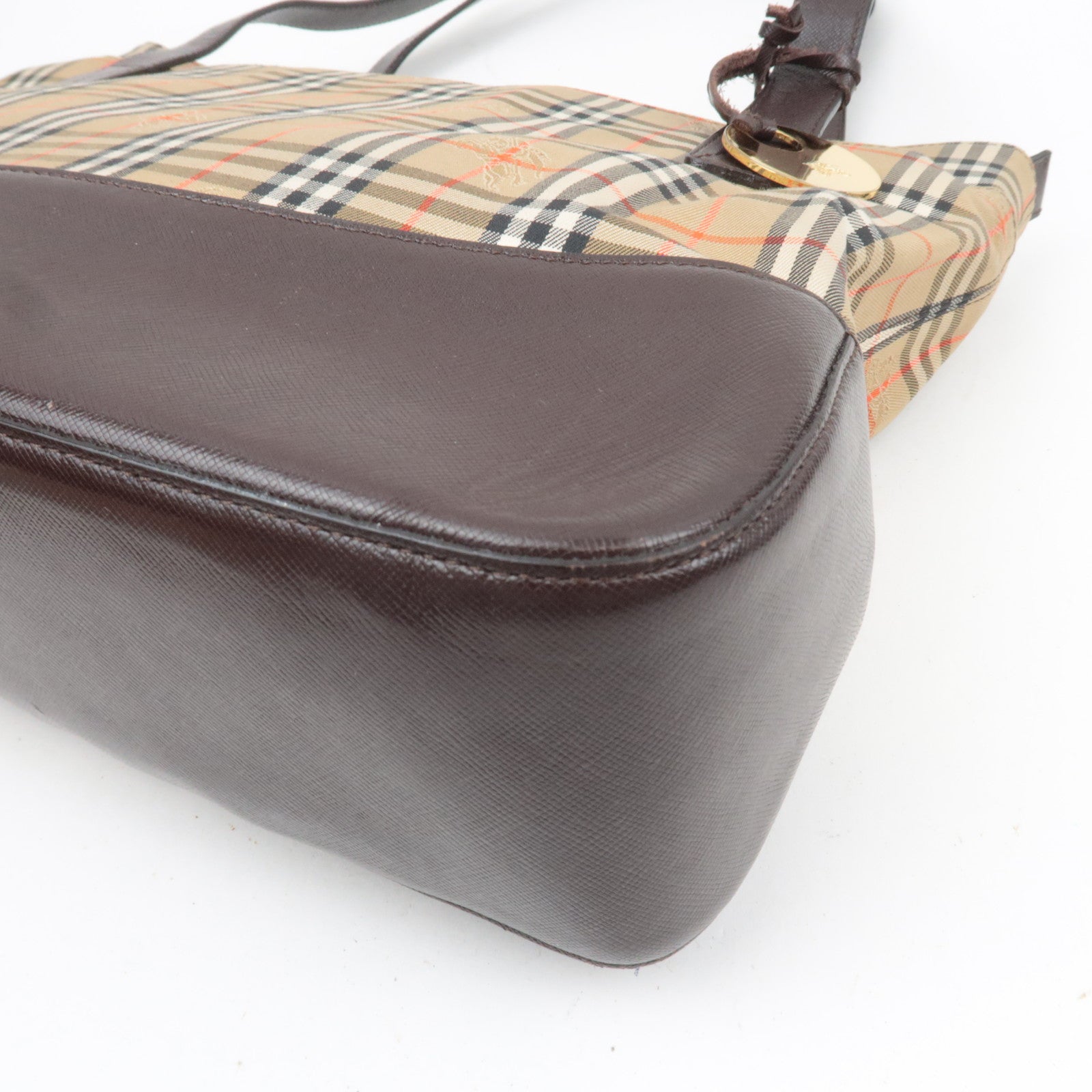 BURBERRY Nova Plaid Canvas Leather Tote Bag Beige Brown