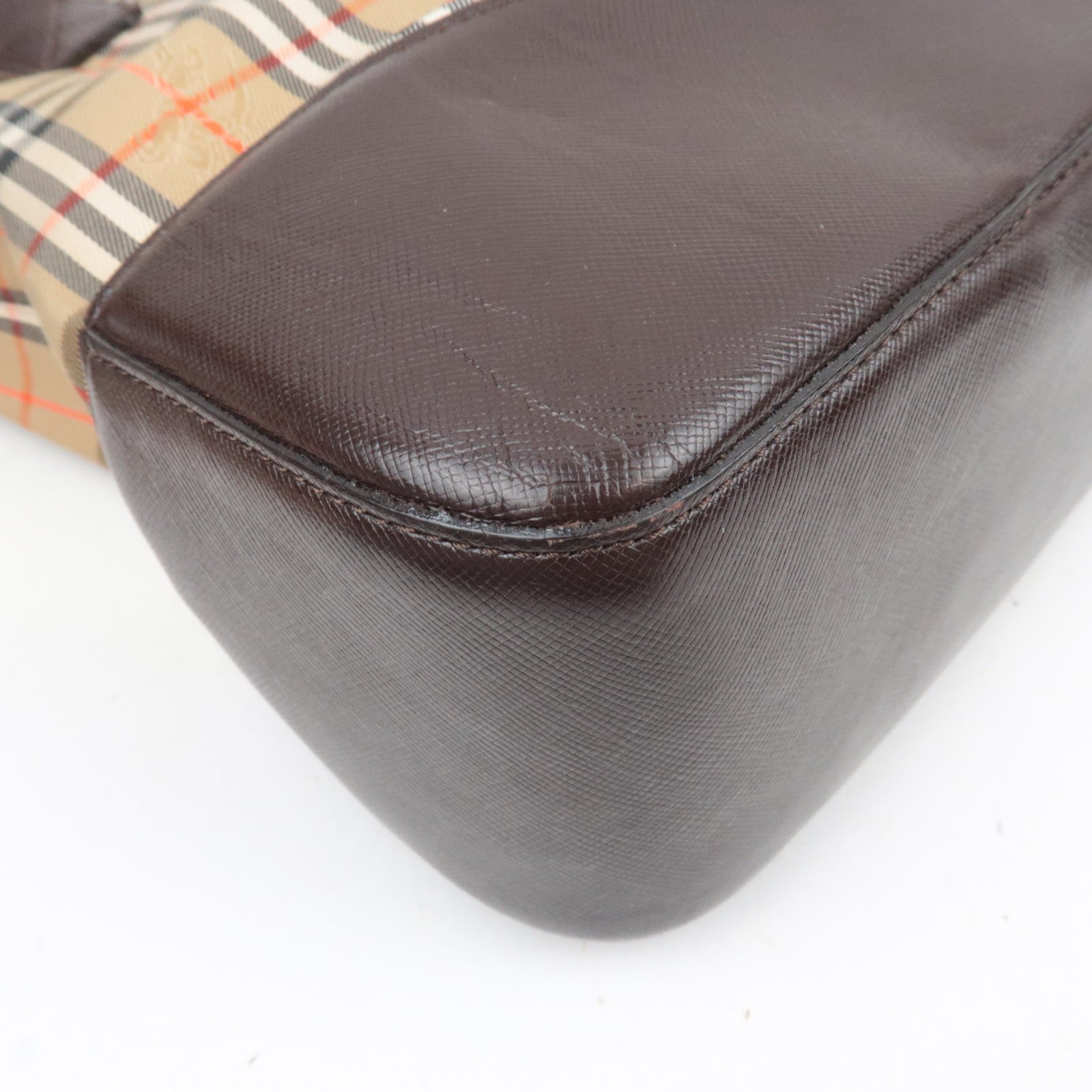 BURBERRY Nova Plaid Canvas Leather Tote Bag Beige Brown