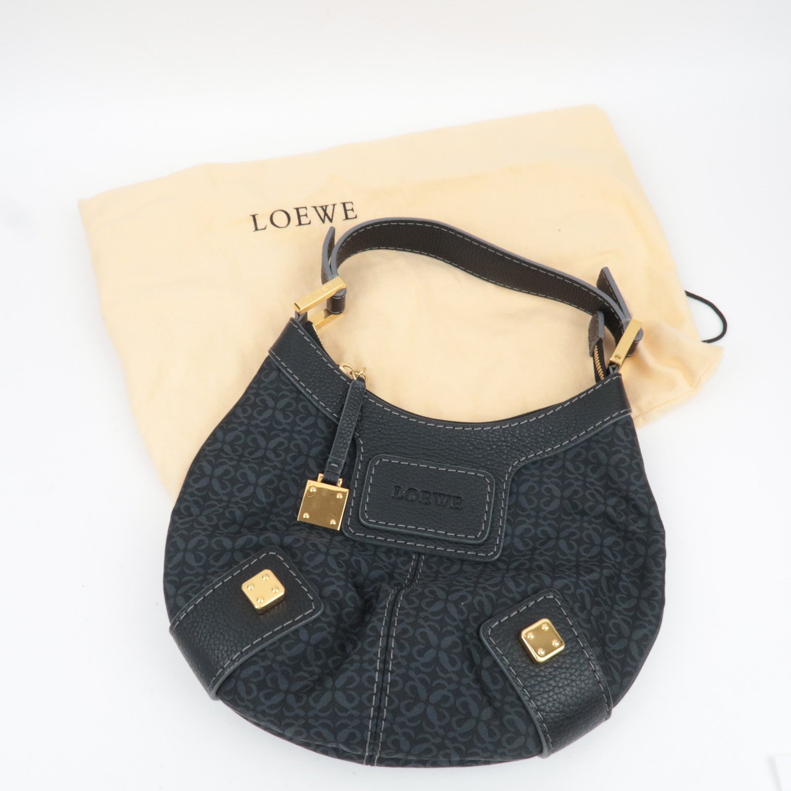 LOEWE New Road Line Canvas Leather Shoulder Bag Black *Dust bag