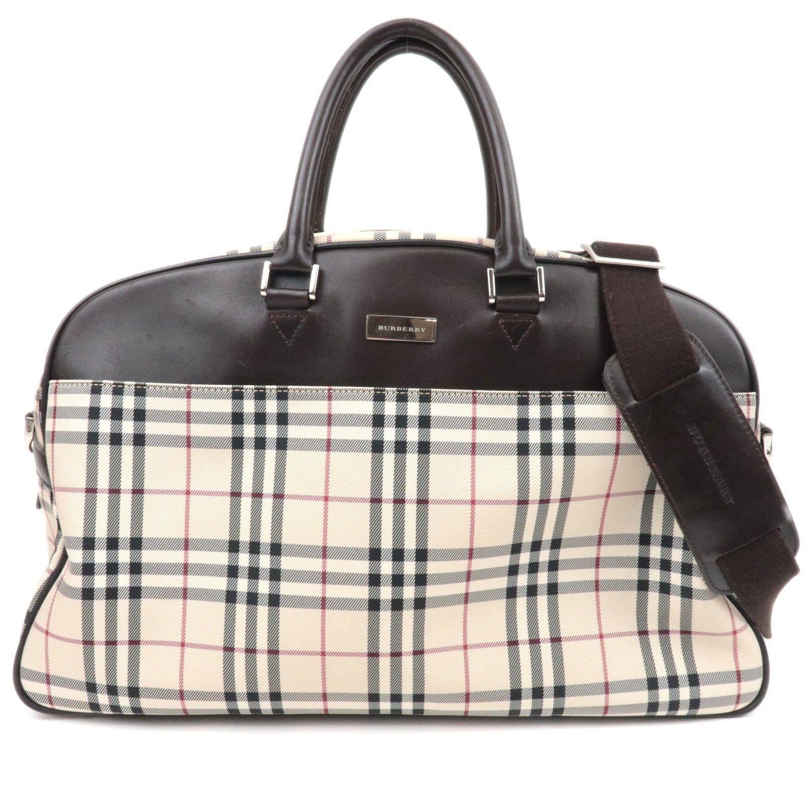 BURBERRY Nova Plaid 2-Way Canvas Leather Boston Bag Beige Brown *Strap84470