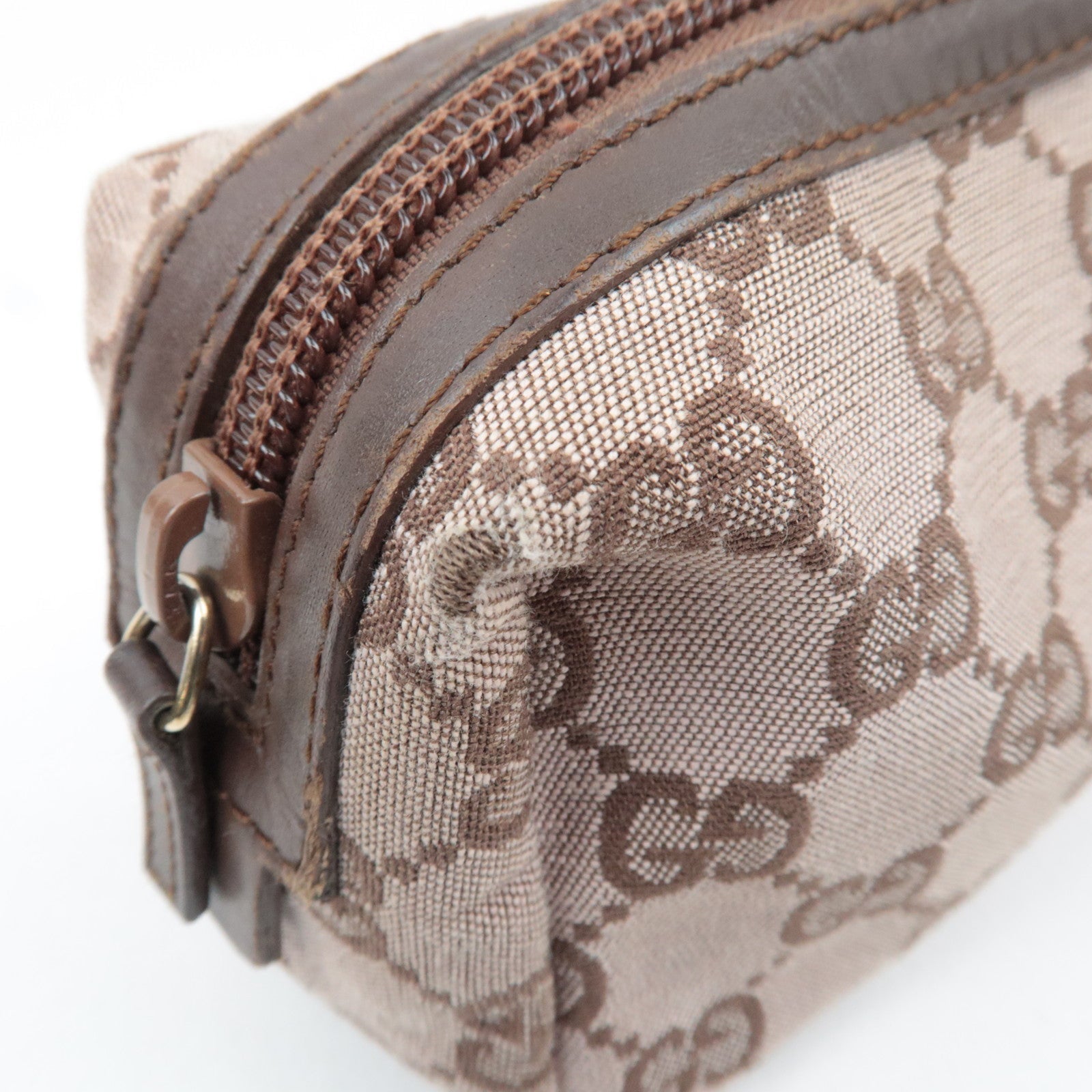 GUCCI GG Canvas Leather Cosmetic Pouch Pink Beige Brown 039.1118 *Box