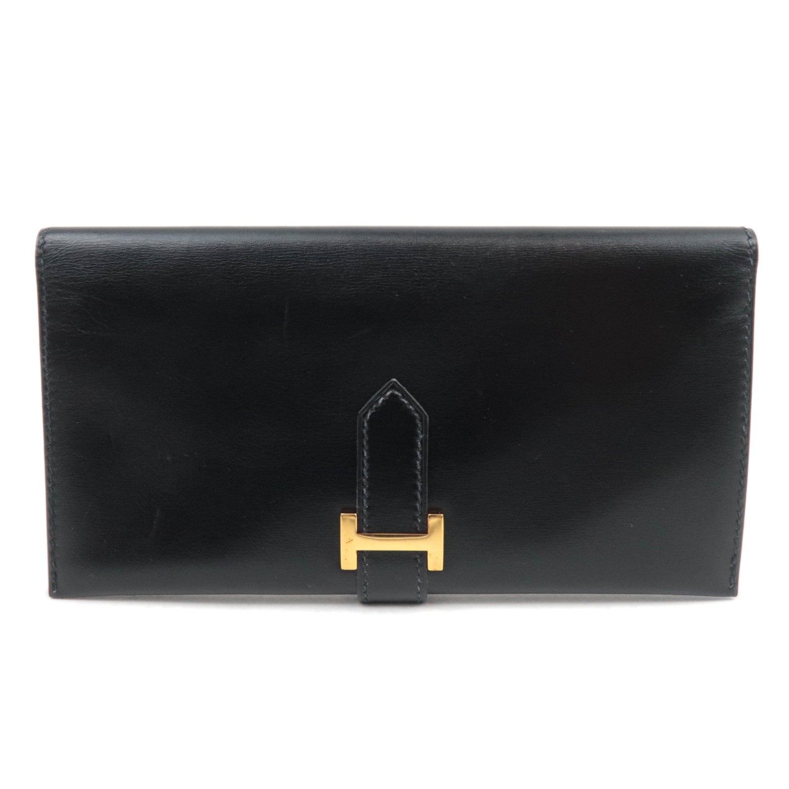 HERMES Bearn Long Wallet 〇V Stamp (1992) Box Calf Black Gold HDW84587