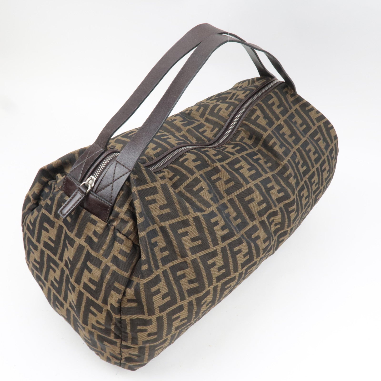 FENDI Zucca Canvas Leather Boston Bag Brown