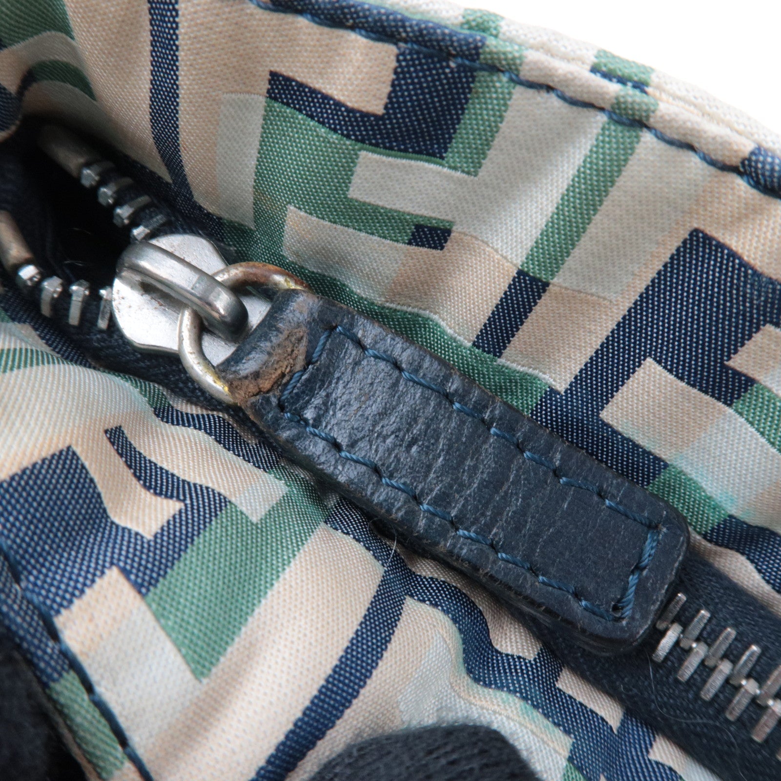 FENDI Zucca Tote Bag Nylon Leather Beige Green Navy