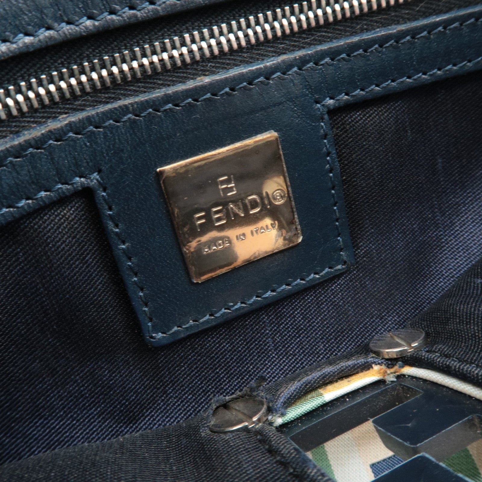 FENDI Zucca Tote Bag Nylon Leather Beige Green Navy