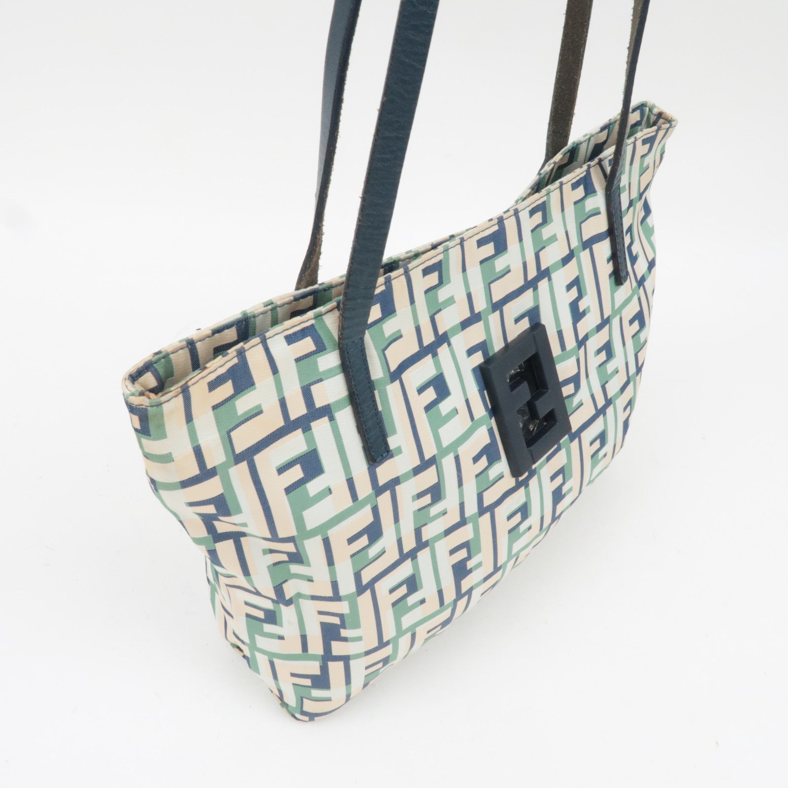 FENDI Zucca Tote Bag Nylon Leather Beige Green Navy