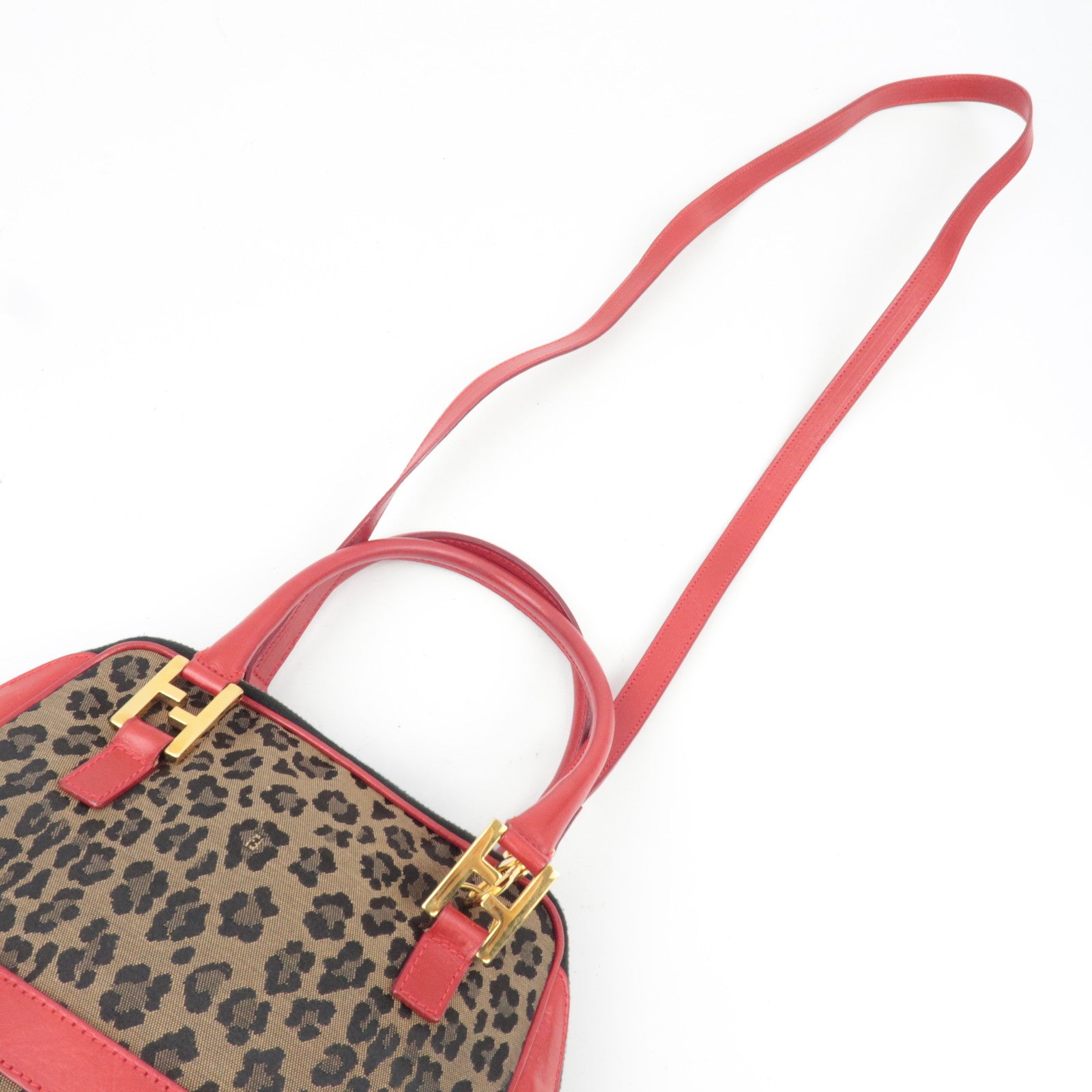 FENDI Leopard Canvas Leather Shoulder Bag Beige Red *Strap