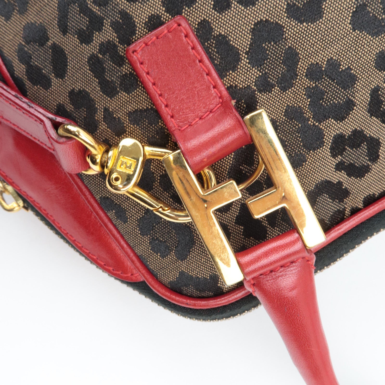 FENDI Leopard Canvas Leather Shoulder Bag Beige Red *Strap