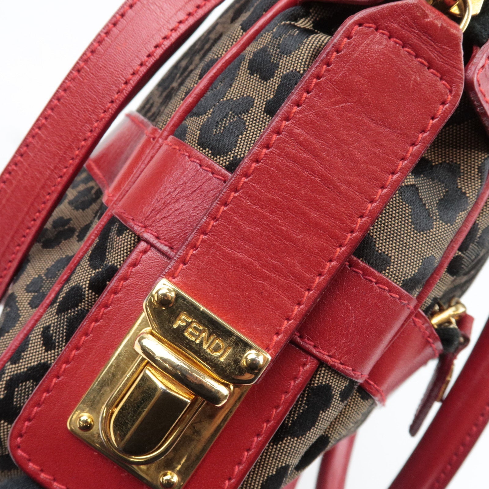 FENDI Leopard Canvas Leather Shoulder Bag Beige Red *Strap