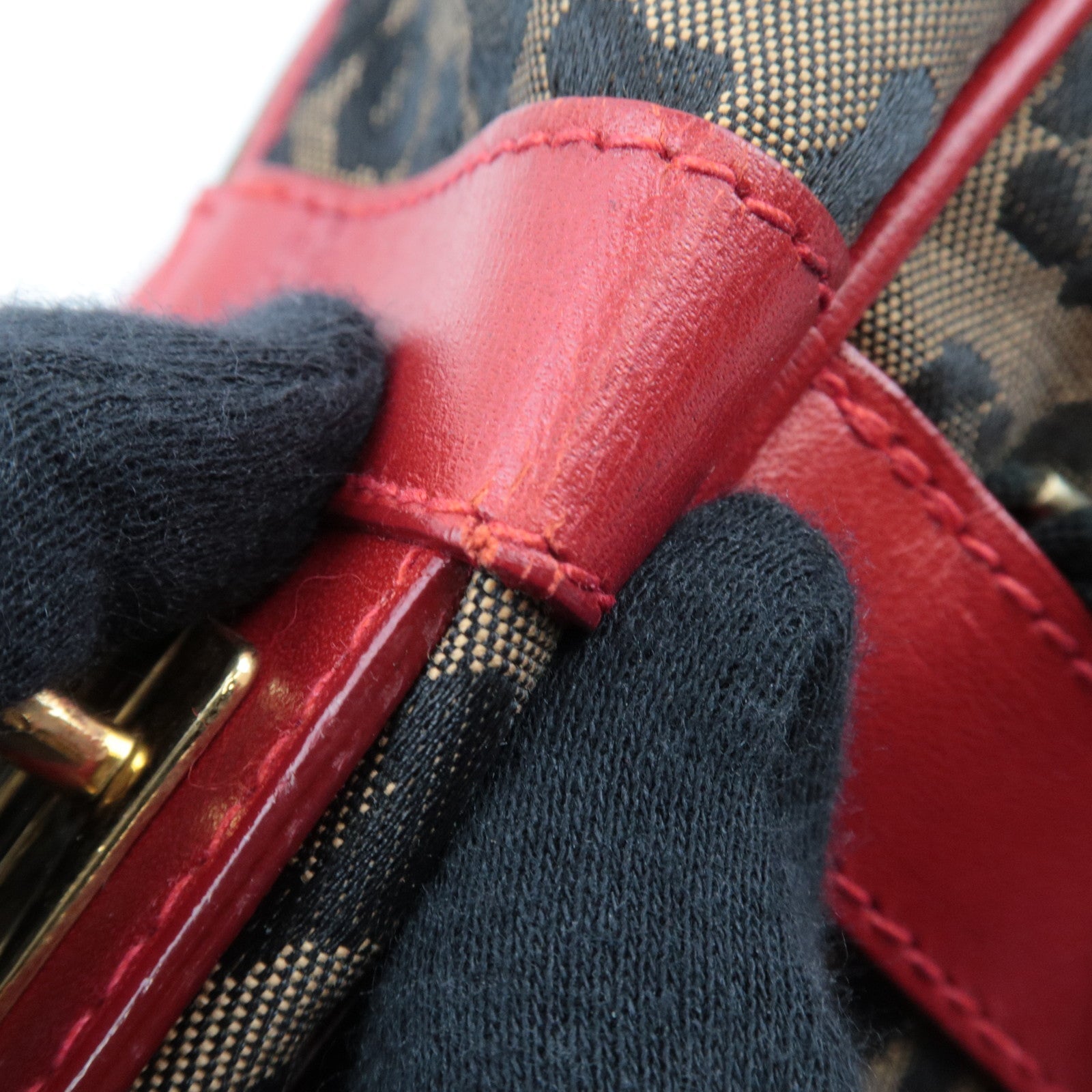 FENDI Leopard Canvas Leather Shoulder Bag Beige Red *Strap