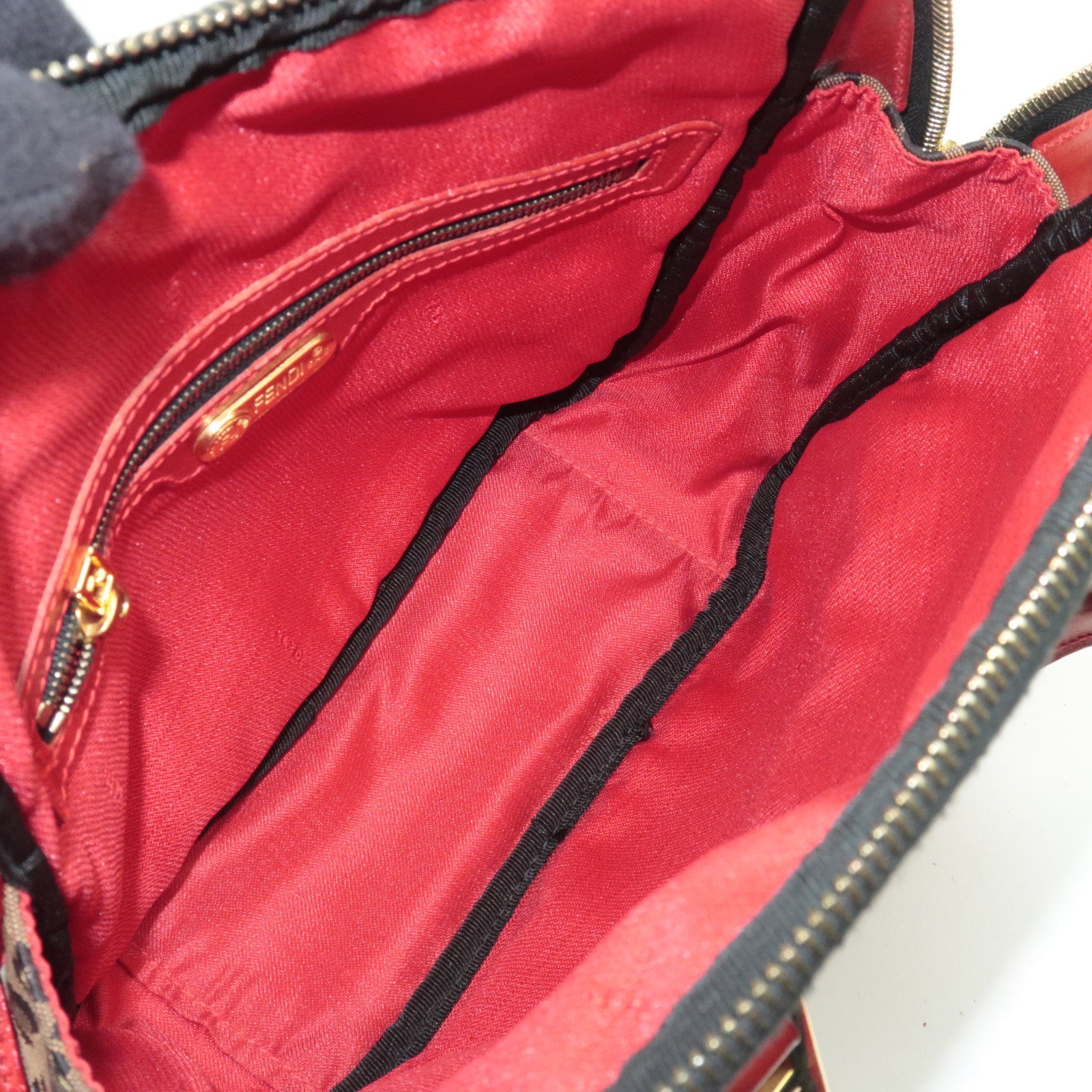 FENDI Leopard Canvas Leather Shoulder Bag Beige Red *Strap