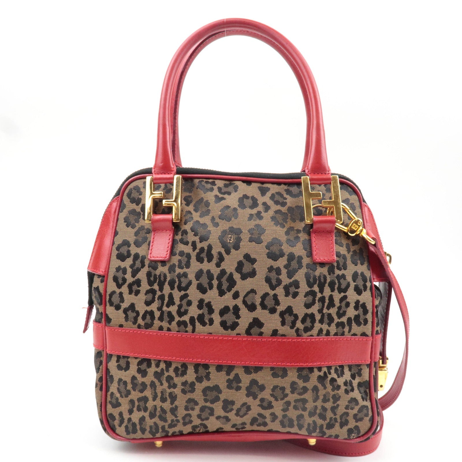FENDI Leopard Canvas Leather Shoulder Bag Beige Red *Strap